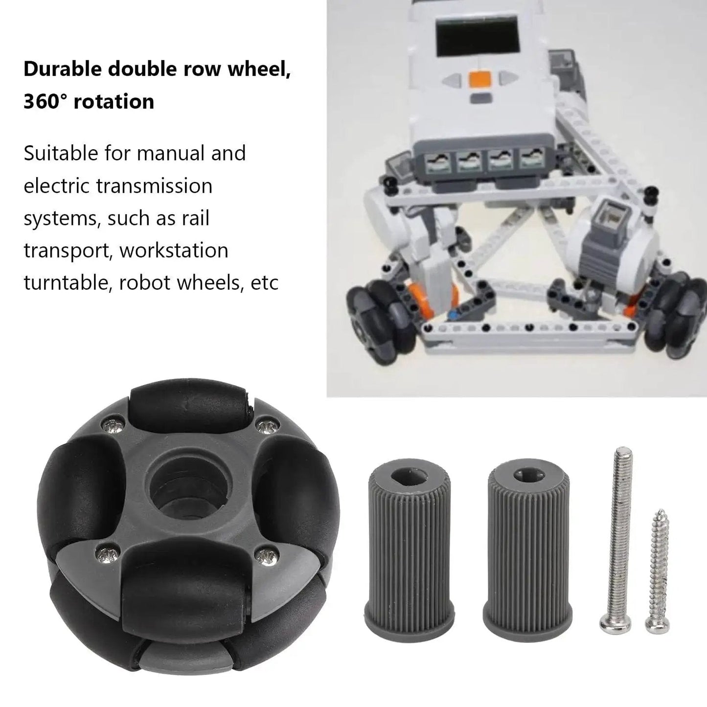 48mm Omni Rack Easy Wheels for Folding Bikes and Electric Bicycles with Bearings, showing wheel set with robot example