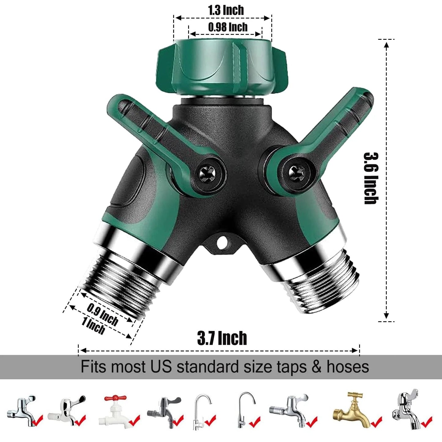 Garden Hose Splitter 2 Way With Long Handle Shut Off Valve Double Y Connector Faucet Splitter Hose Connector, size dimensions shown