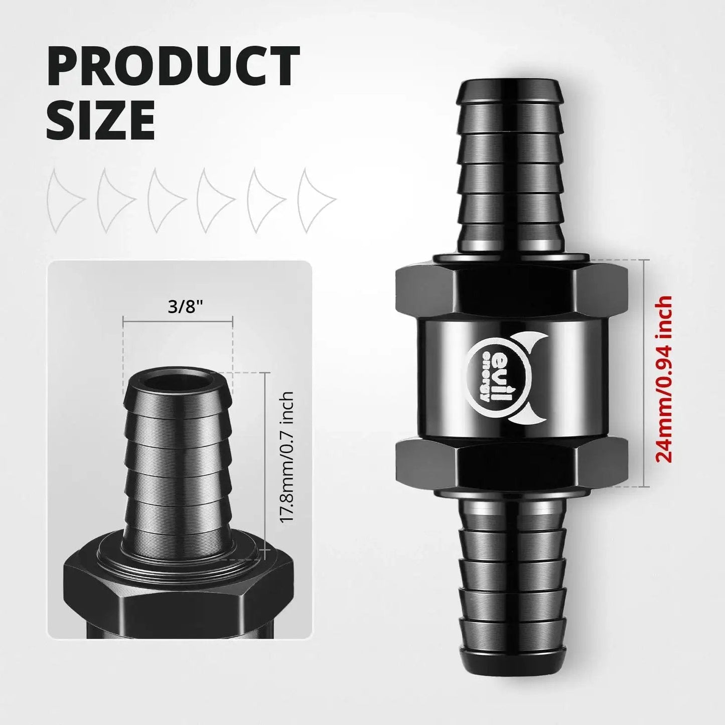 One Way Fuel Check Valve Inline Three Eighths Inch OD 10mm Non Return Diesel Gasoline Black 6061 T6 Aluminum Alloy EVIL ENERGY.