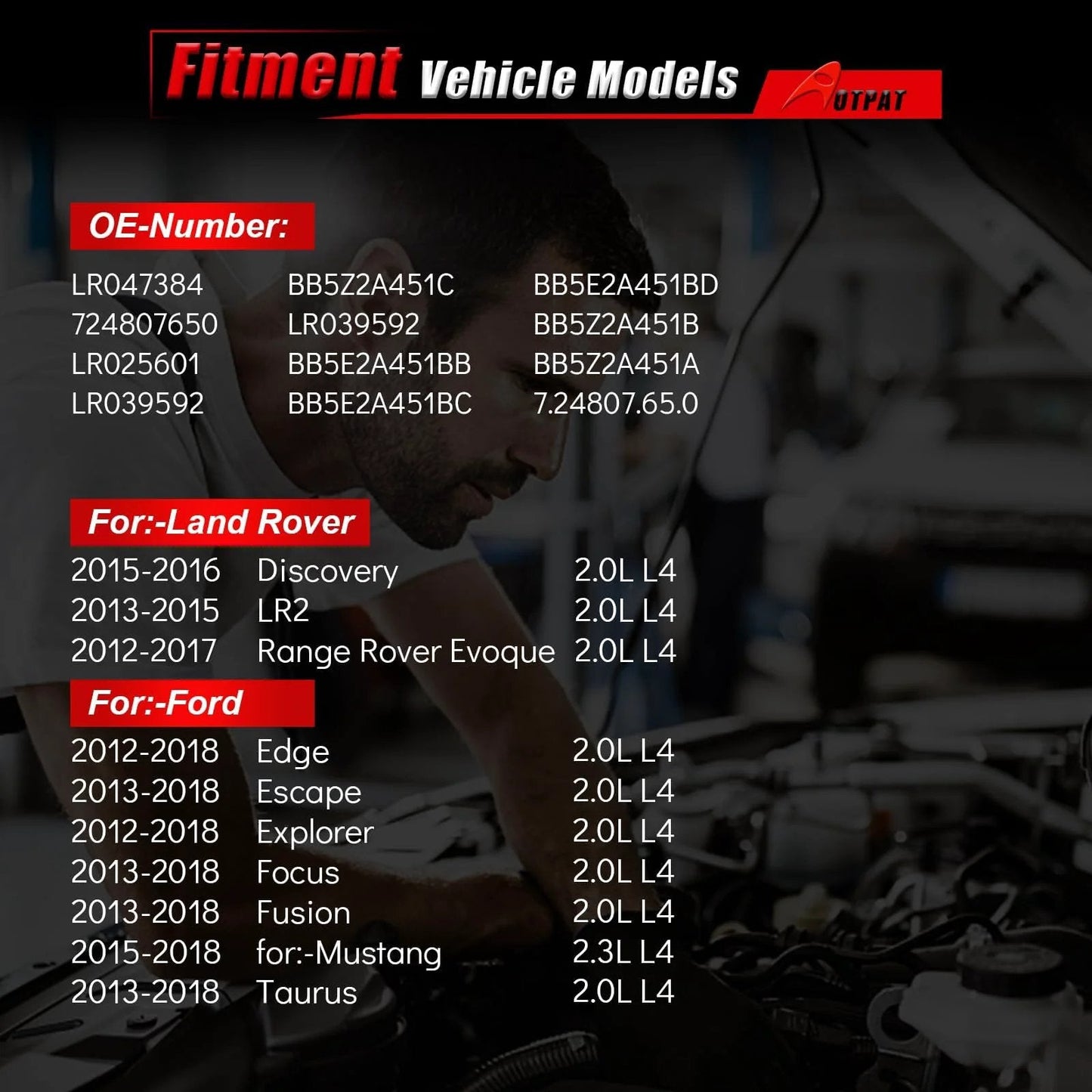 Mechanic working on engine, fitment guide for Vacuum Pump Compatible With Ford Fusion Edge Escape Explorer Focus Mustang Taurus Lincoln MKC Continental MKT And Land Rover LR2 2.0L EcoBoost 4 Cylinder 2012 2019 2013 2018 2015 2016 2017 Replacement OE LR047384
