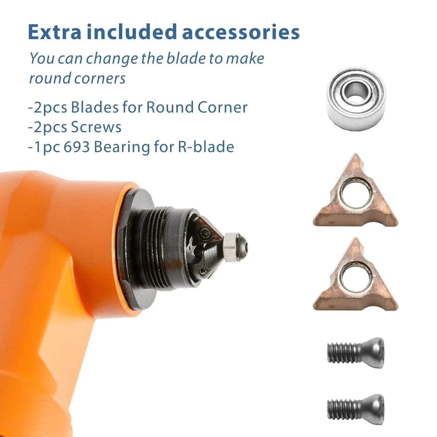 Accessories for Two In One Pneumatic Chamfering And Arc Corner Rounding Tool, showing blades, screws, and bearing for metal trimming.