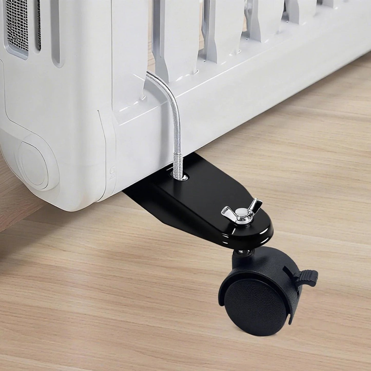 Easy Install Mobile Pulley Bracket Pair Set For Oil Heaters And Oil Filled Radiators With Brake Wheels 360 Degree Swivel Casters Replacement Parts No Tools Needed For Quick Setup installed on radiator with brake wheel visible