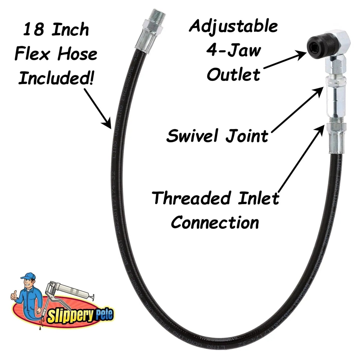 90 Degree Grease Gun Coupler With 18 Inch Flex Hose Threaded Inlet And Swivel Head For Hard To Reach Fittings 31mm Length Head