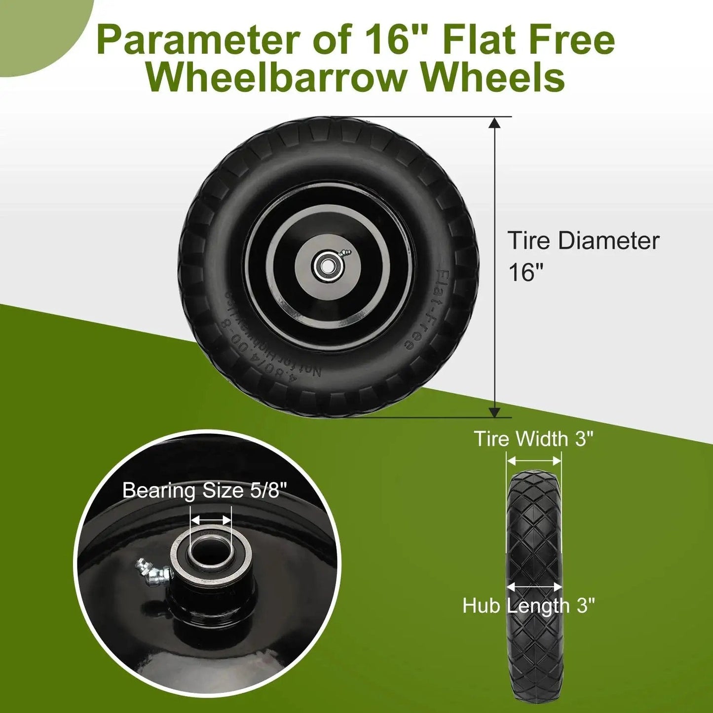 Upgraded 16 Inch Flat Free Wheelbarrow Wheels And Tires With 4.80 4.00 8 Solid Tires And 5/8 And 3/4 Bearings specifications view