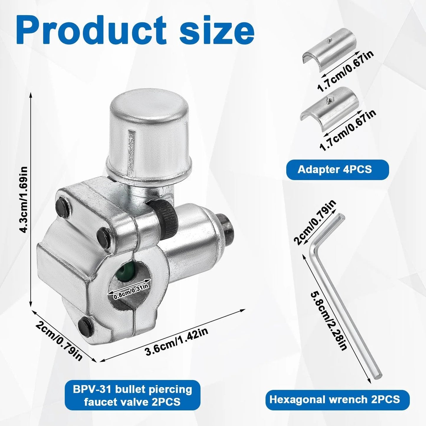 Product diagram of Piercing Valve Kit for Refrigerator Lines With Two BPV 31 Valves Two Hex Keys And Four Adapters In Zinc Alloy.