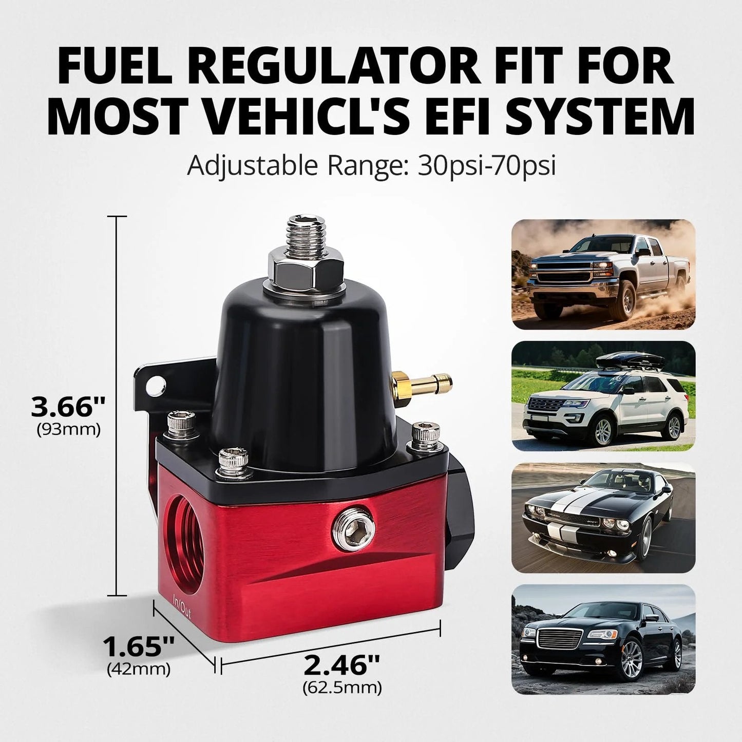 Adjustable 6AN EFI Fuel Pressure Regulator Return Bypass for Most Vehicles with EFI System Gasoline and E85 Ethanol Compatible Not For Diesel Nylon Braided Line Not Compatible With E85 30 to 70 PSI Regulation and Simple Install