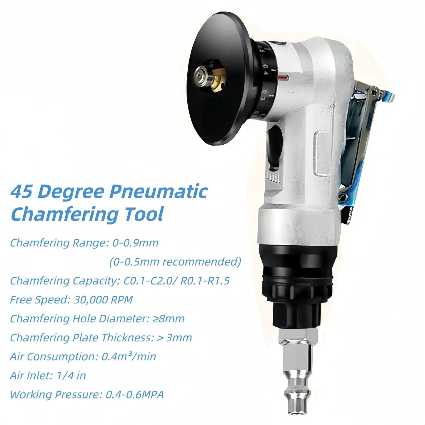 Side view of 45 Degree Pneumatic Chamfering Tool For Metalworking, Mini Air Tool With 1/4 Inch Inlet, 30,000 RPM, and aluminum shell
