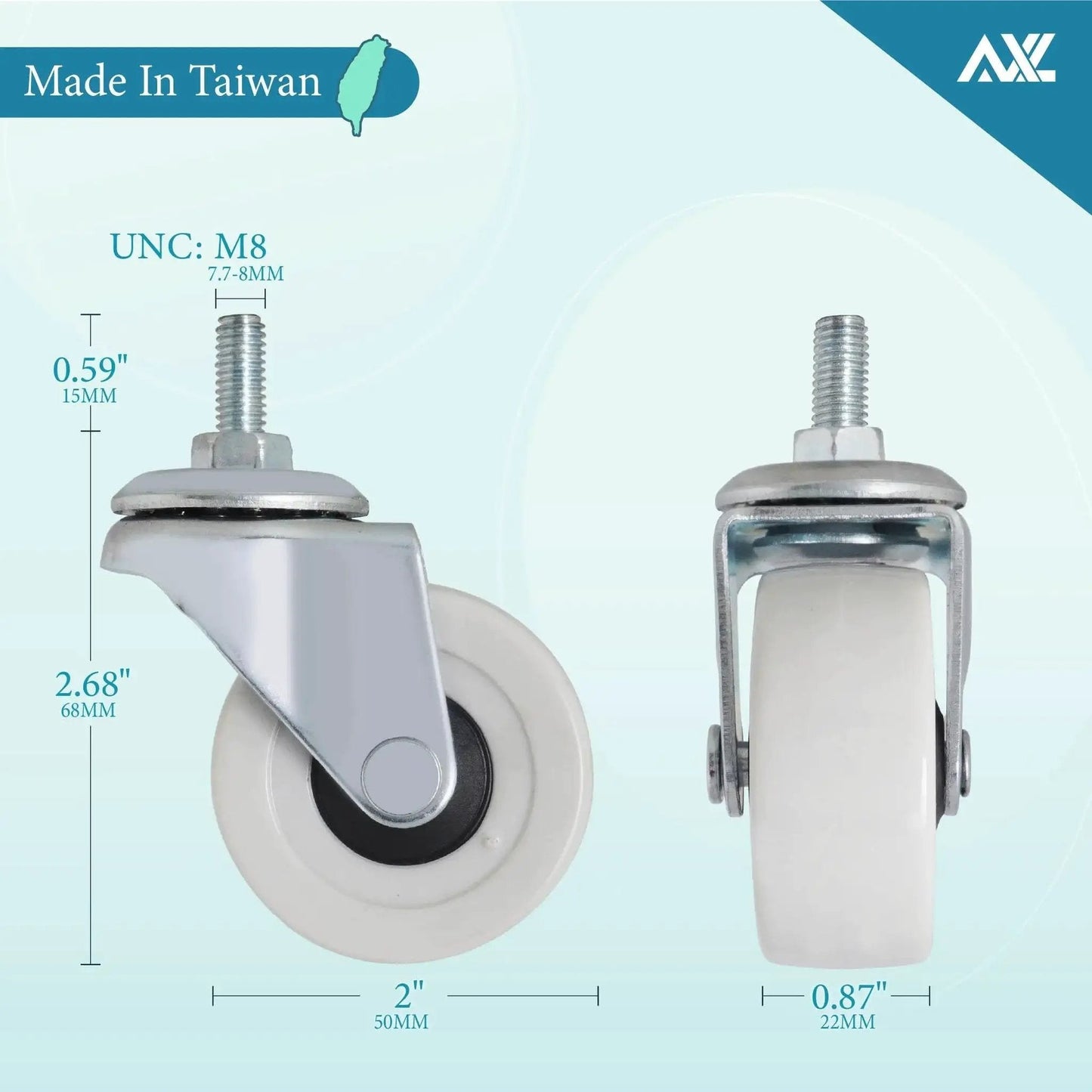 M8x15mm Threaded Stem Caster Wheels 2 Inch Heavy Duty Swivel Casters With Brakes Pack Of 4 front and side view diagram