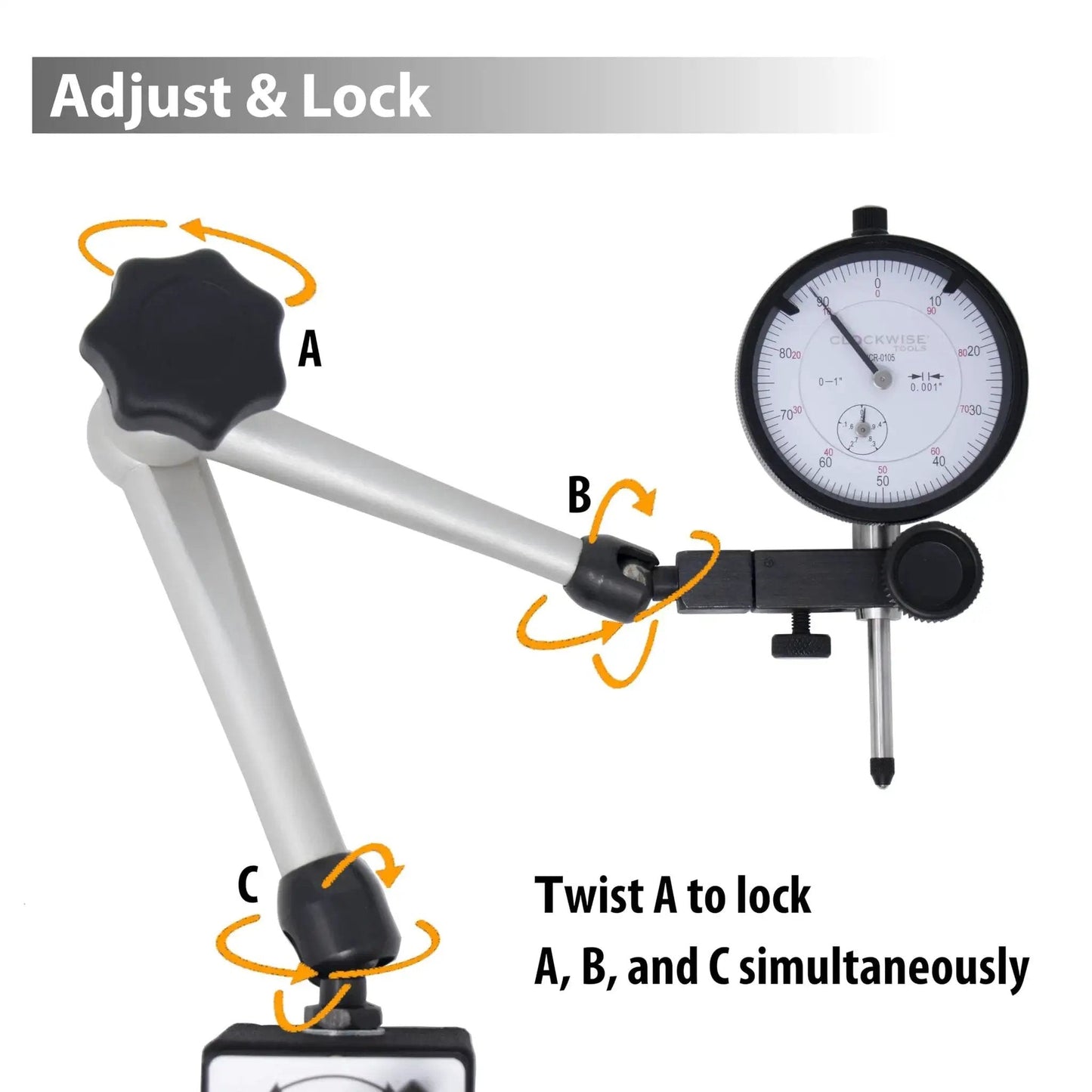 Accurate Dial Indicator With Magnetic Base Stand 0 To 1 Inch Range And 0.001 Inch Resolution DIMR-0105 adjustable arm setup.