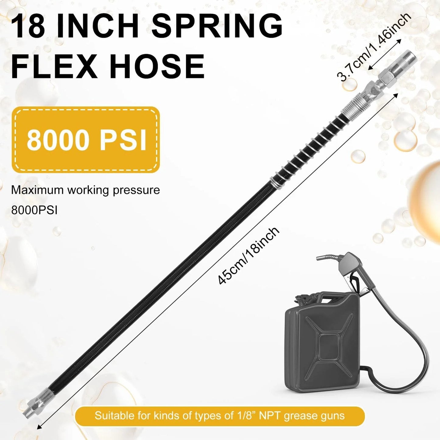 Grease Gun Accessory Kit With 18 Inch Spring Flex Hose And Locking Coupler, 8000 PSI Capacity, 1/8 NPT Threads, shown with fittings