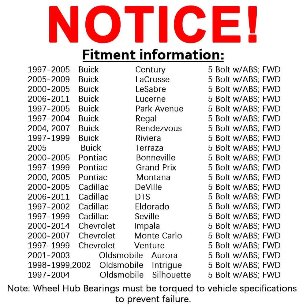Notice of fitment information for wheel hub bearings, listing compatible Buick, Pontiac, Cadillac, Chevrolet, and Oldsmobile models.