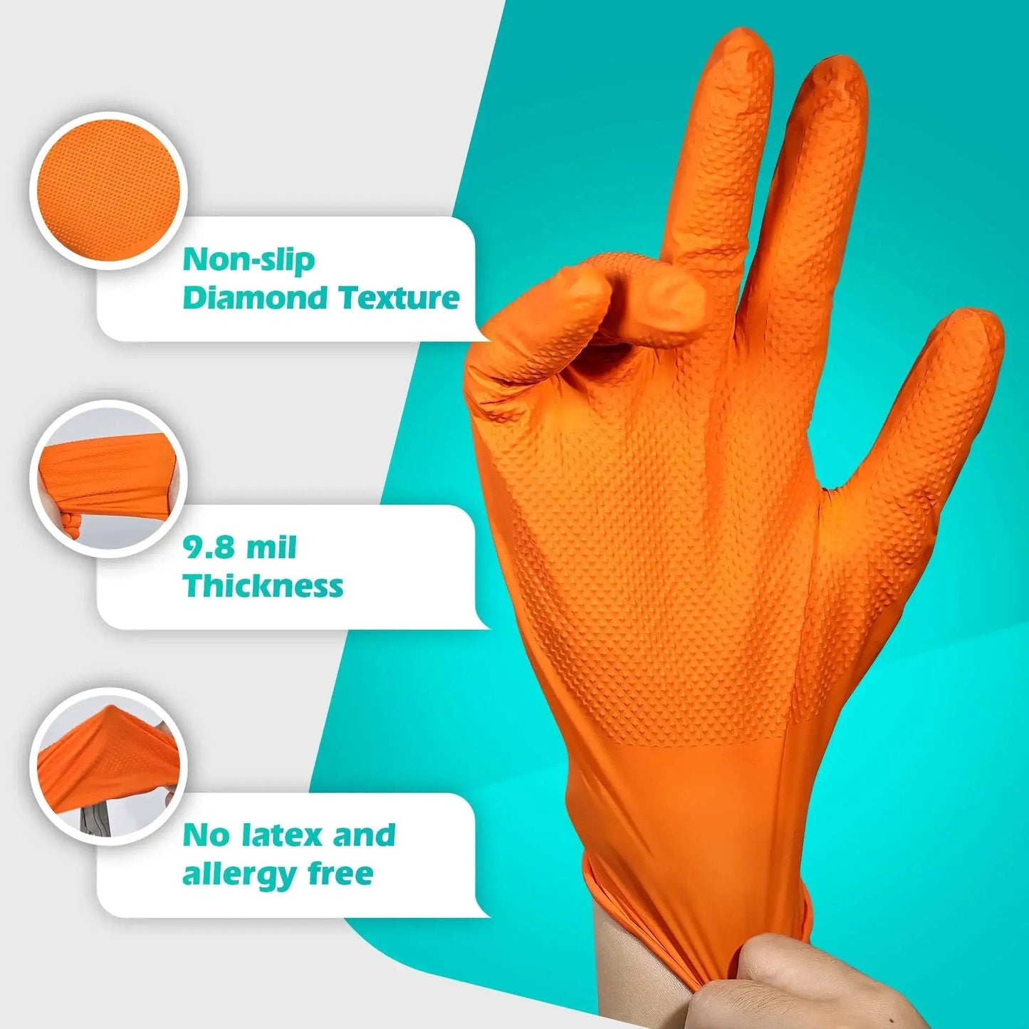 Industrial Nitrile Gloves Heavy Duty Diamond Textured Orange XL 100 Count shown with non-slip texture and 9.8 mil thickness