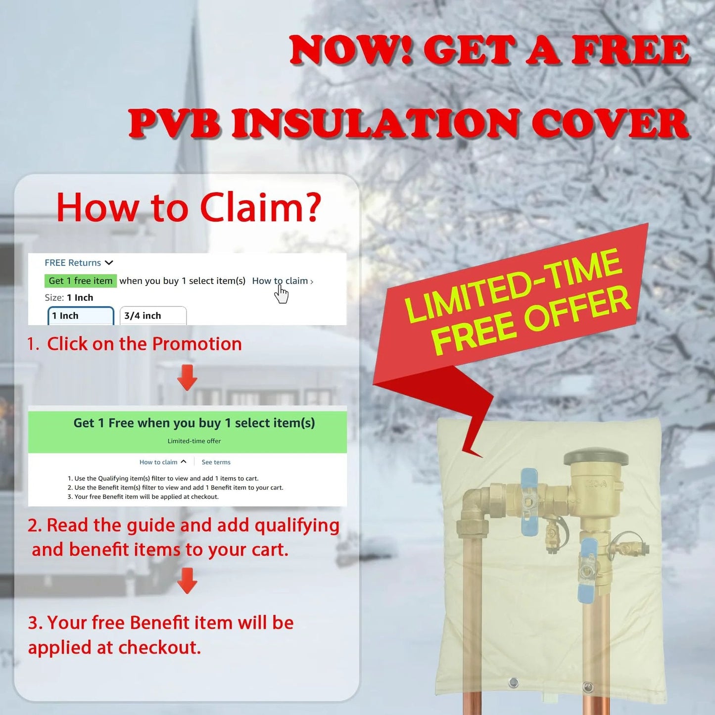 Image showing promotion details for free PVB insulation cover with Upgraded 1 Inch 720A Pressure Vacuum Breaker Assembly With Metal Top Cover Thickened Brass Backflow Preventer Valve For Irrigation System Back Siphon Valves Sealant Instead Of Teflon Tape Max 400 PSI in a snowy background.