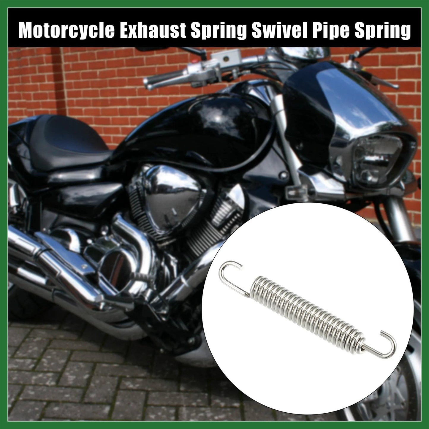 Must Have Universal Motorcycle Exhaust Pipe Spring Set, 2 Pieces, shown installed on motorcycle, stainless steel, silver tone.