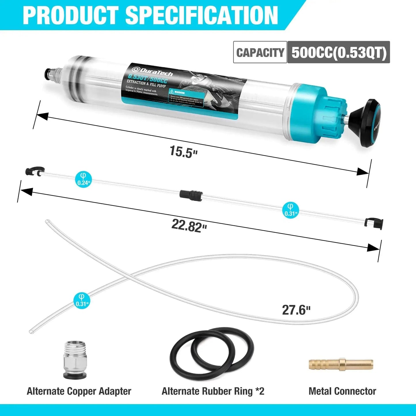 500cc Fluid Extractor With Long Hose And Extension Tubes For Brake Fluid And Oil showing components and dimensions.