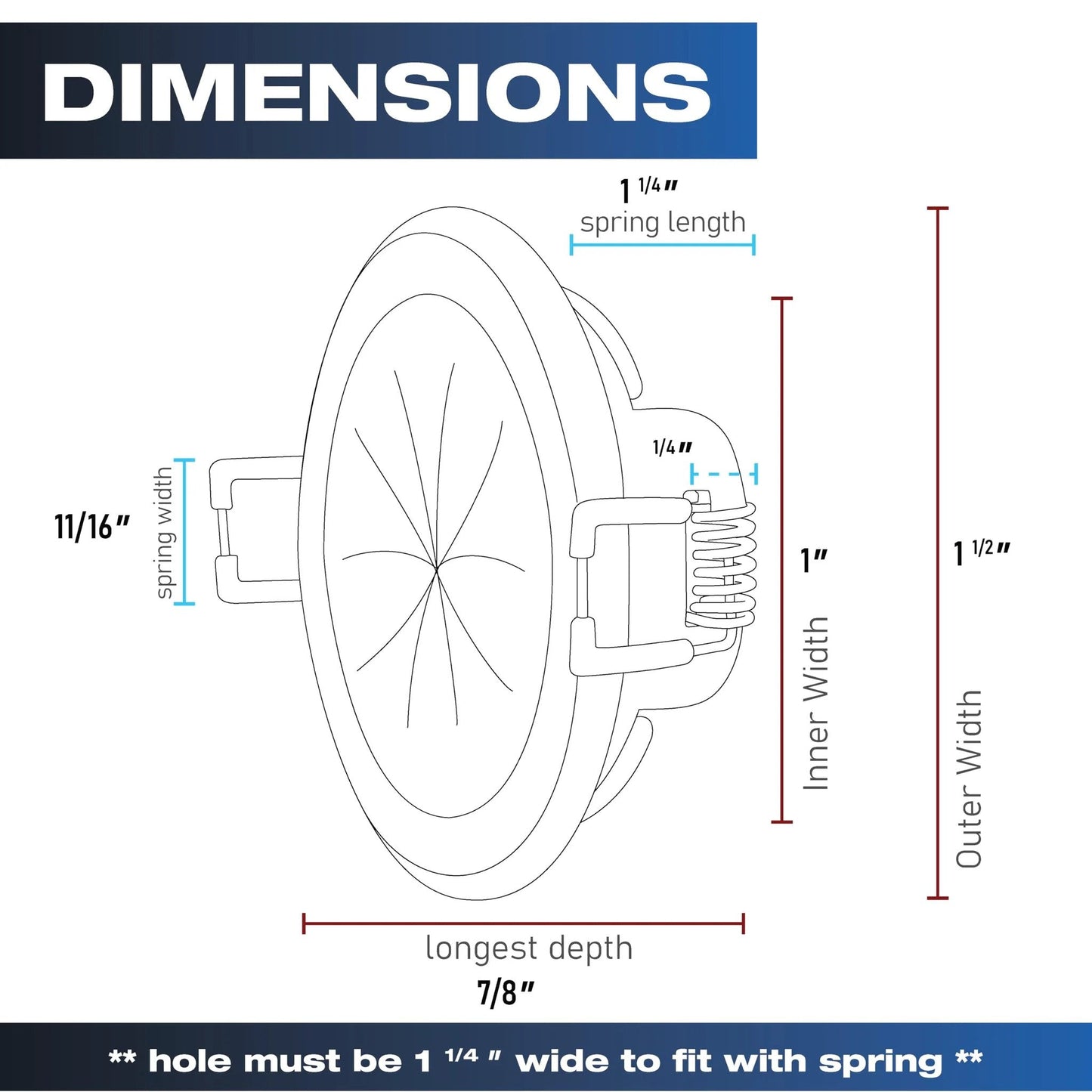 Diagram of Mini Spring Lock Cable Pass Through Port Pair In Black For Clean Cable Runs with dimensions including spring length and width.