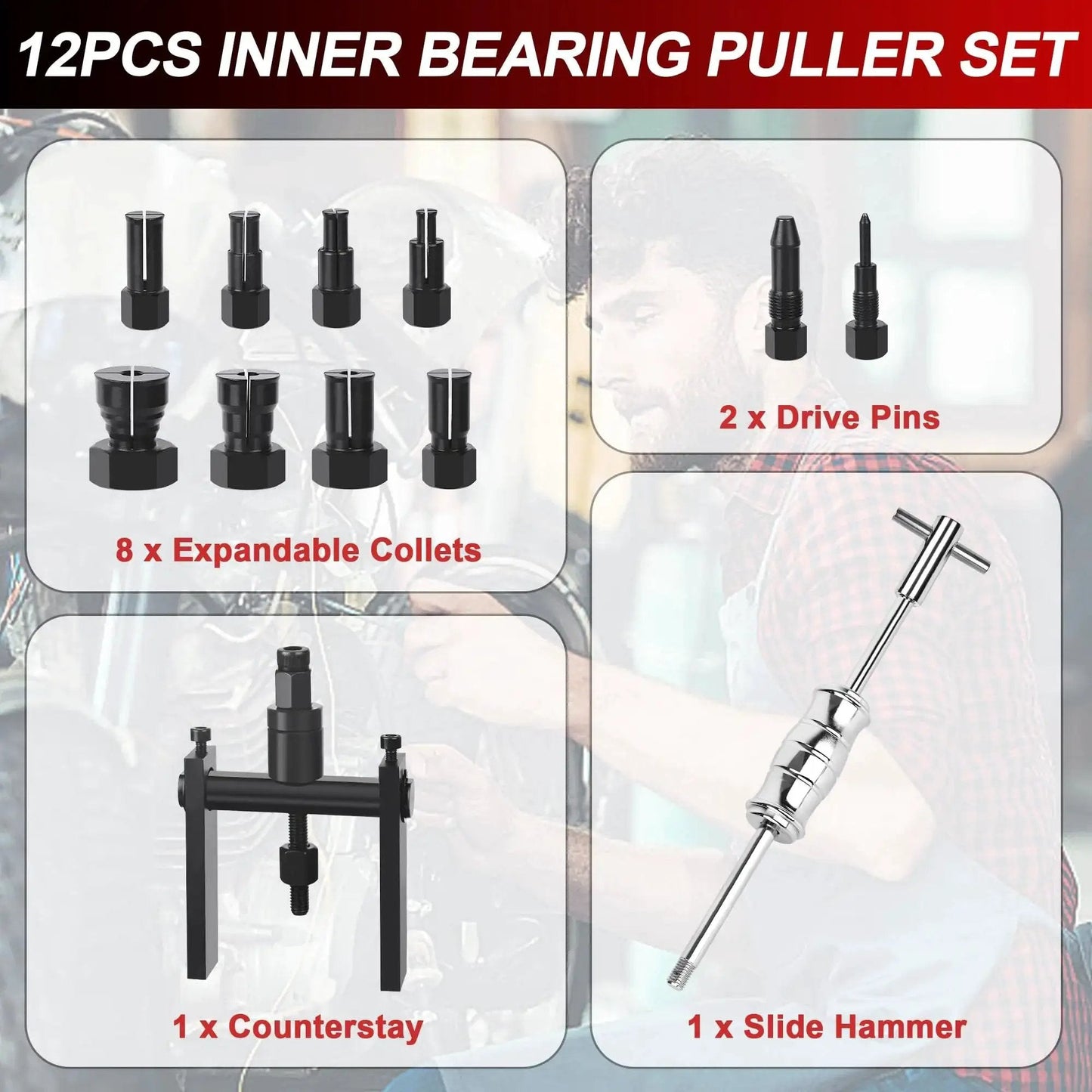 12 Piece Blind Hole Bearing Puller Kit With Slide Hammer For Motorcycles, includes 8 expandable collets and tool components.