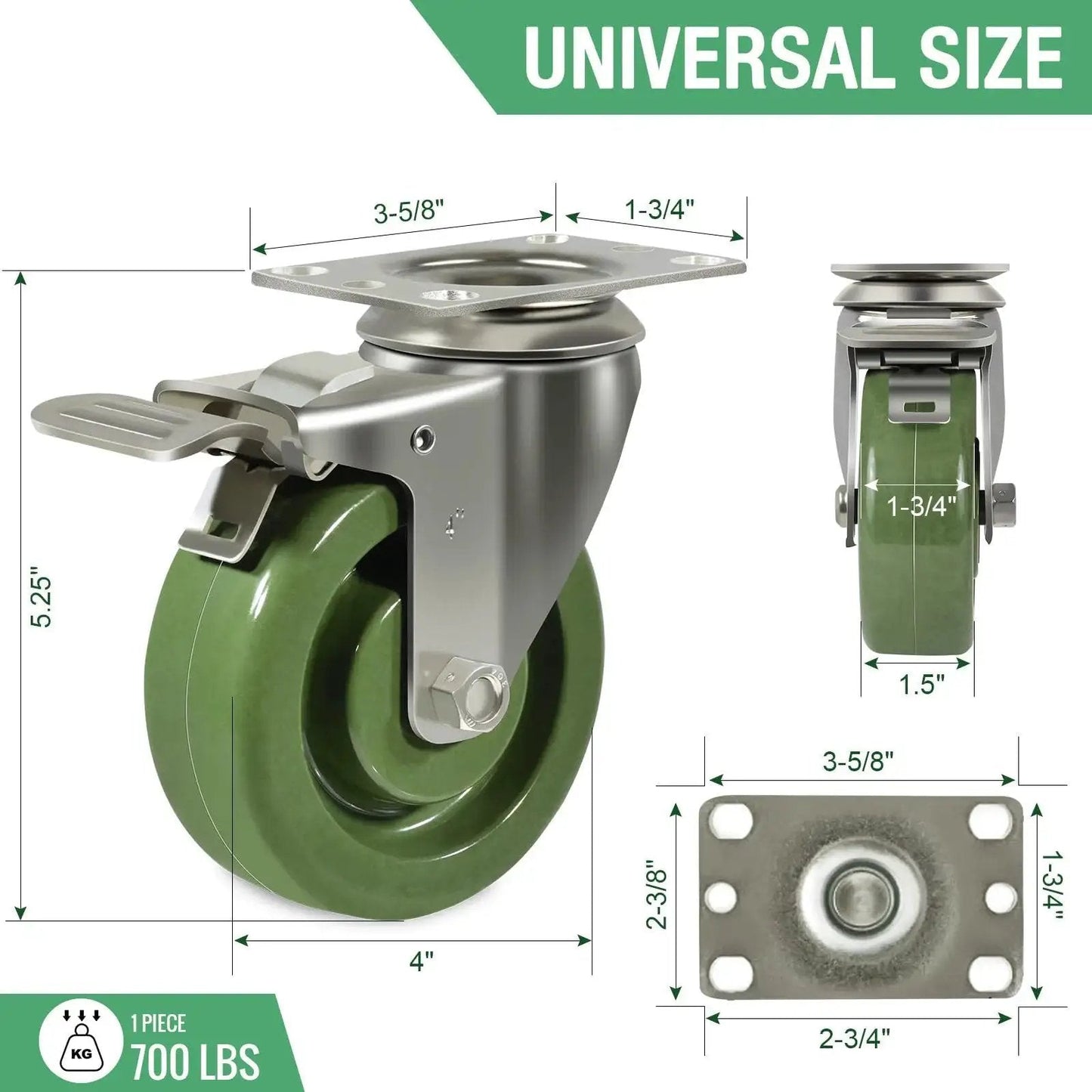 Side and top view of Stainless Steel Caster Set 4 Pack 4X1.5 Inch Beefy Hi Temperature Wheels with dimensions shown.