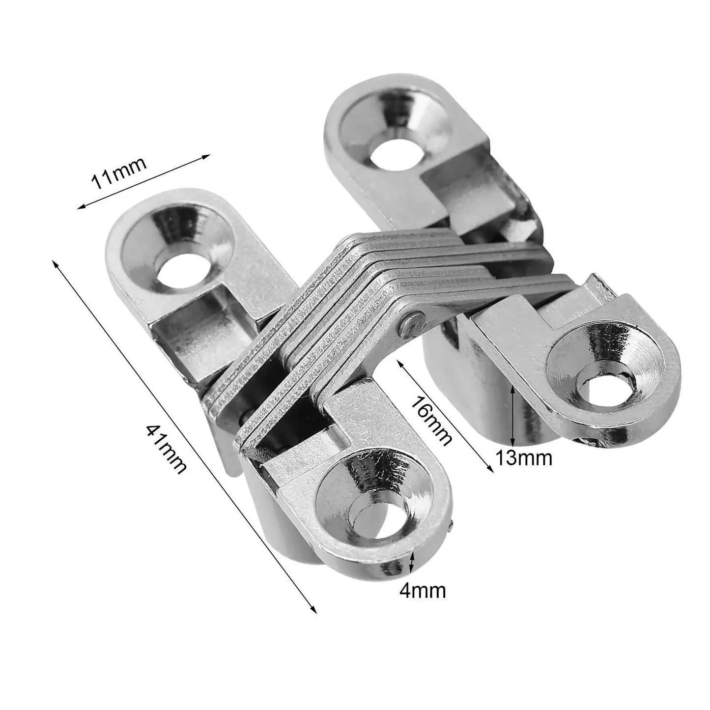 Hidden 180 Degree Door Hinge Zinc Alloy Invisible Concealed Cross Hinge For Cabinets and Furniture, dimensions shown