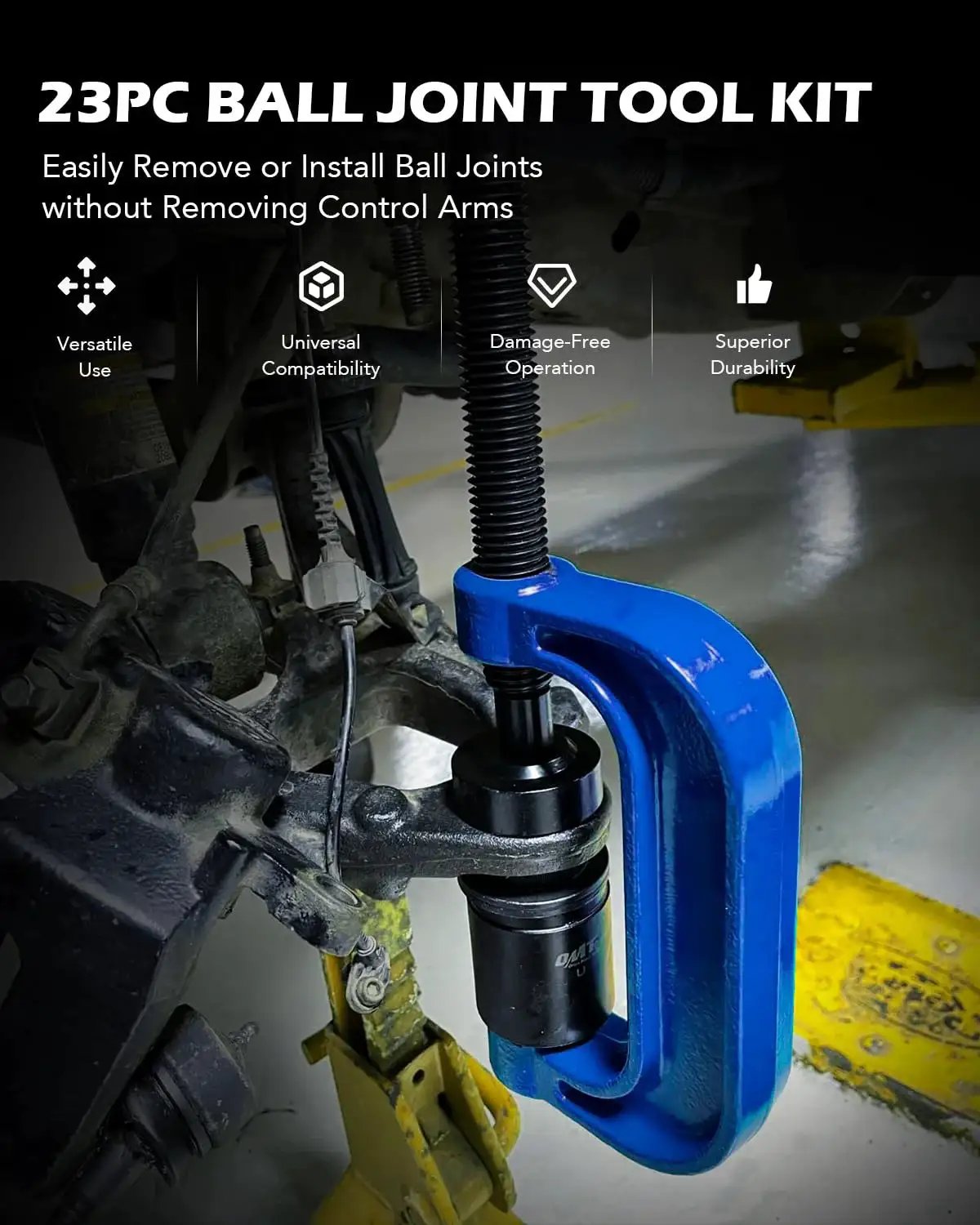 23Pc Ball Joint Press Kit With U Joint Removal Sockets And Heavy Duty Adapters in use on a vehicle suspension system
