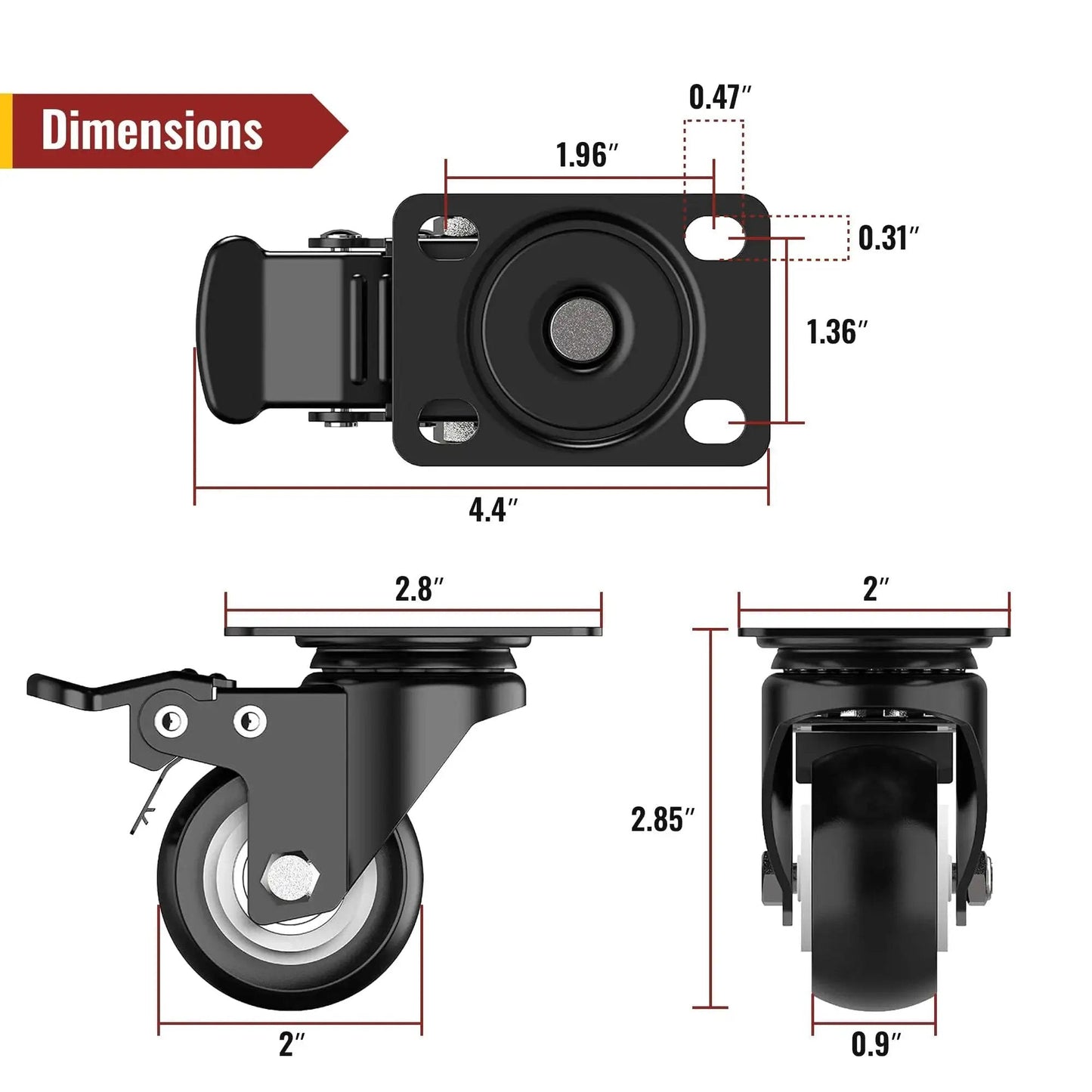 2 Inch Caster Wheels Heavy Duty Swivel Casters With Safety Brake Set Of 4 High Load Capacity 600 Lbs Total for Industrial