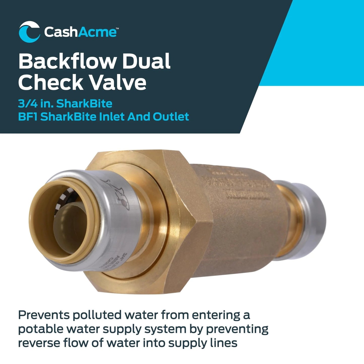 Three Quarter Inch Push To Connect Dual Check Valve For Backflow Prevention In Potable Water Lines SharkBite Compatible BF13434SB