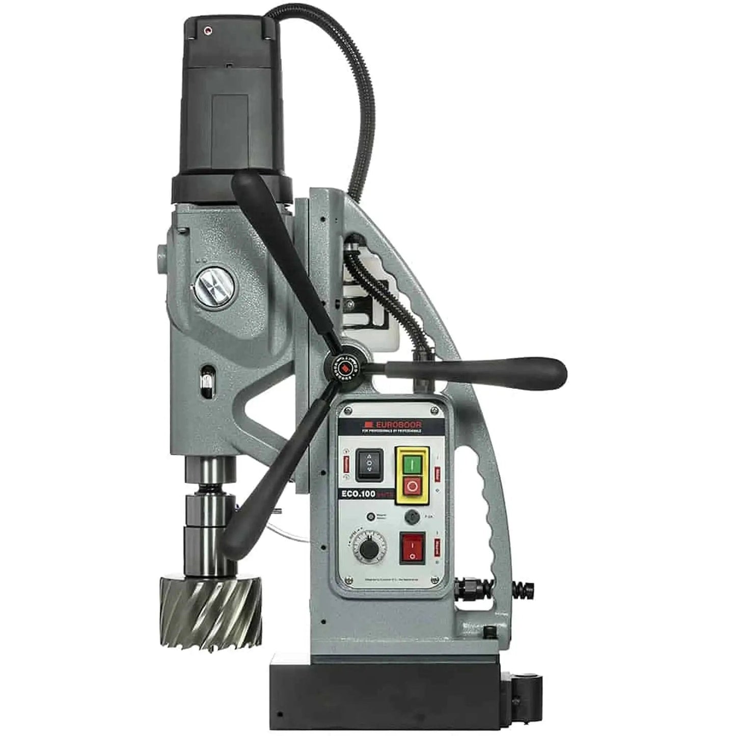 Side view of Beast Magnetic Drill Press For Metalworking Pros ECO100S Plus T With 7/16 To 2 3/8 Inch Annular Cut Capacity