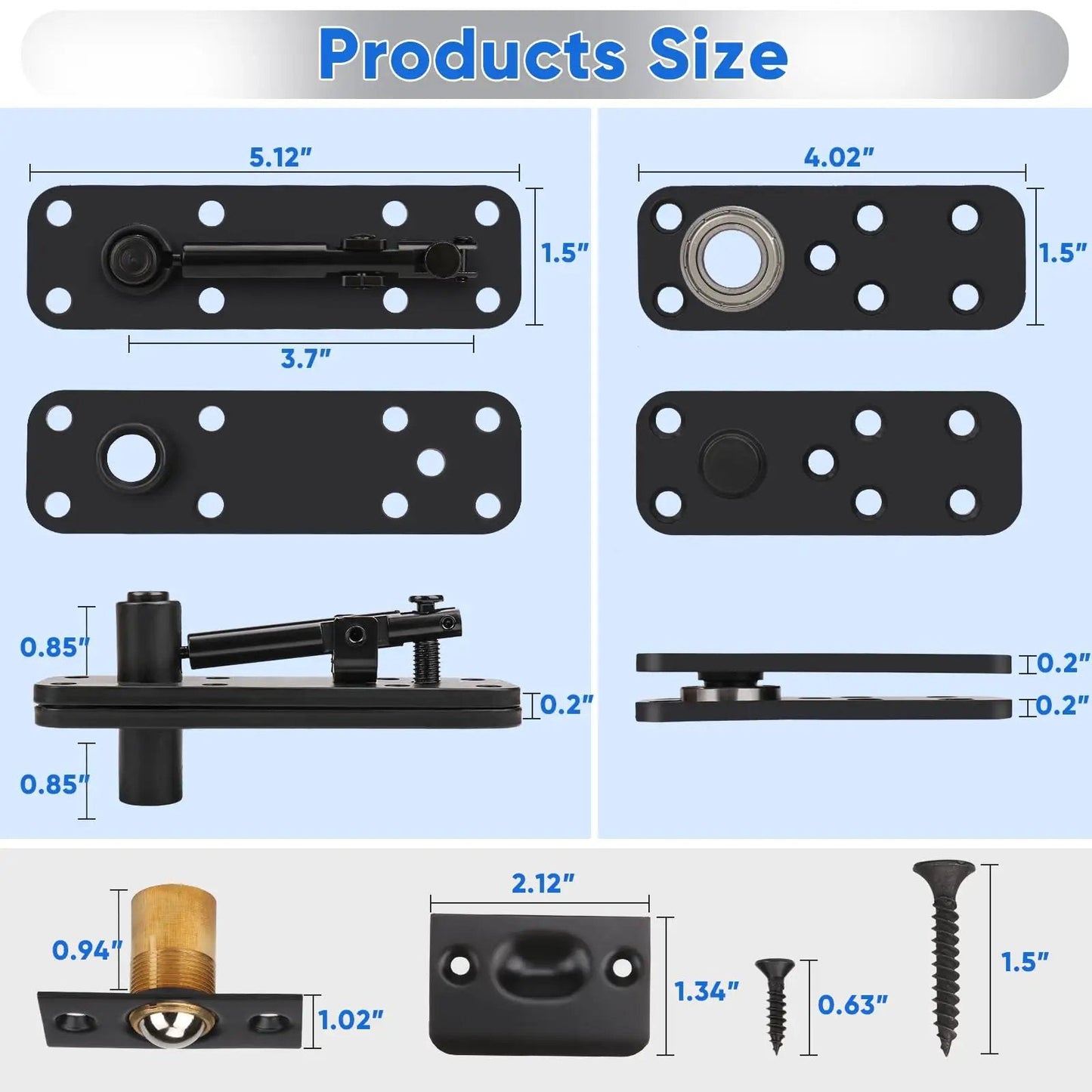 Dimensions of 2 Pack Stainless Steel Hidden Door Hinges with 360 Degree Rotation, ideal for secret doors up to 600 pounds.