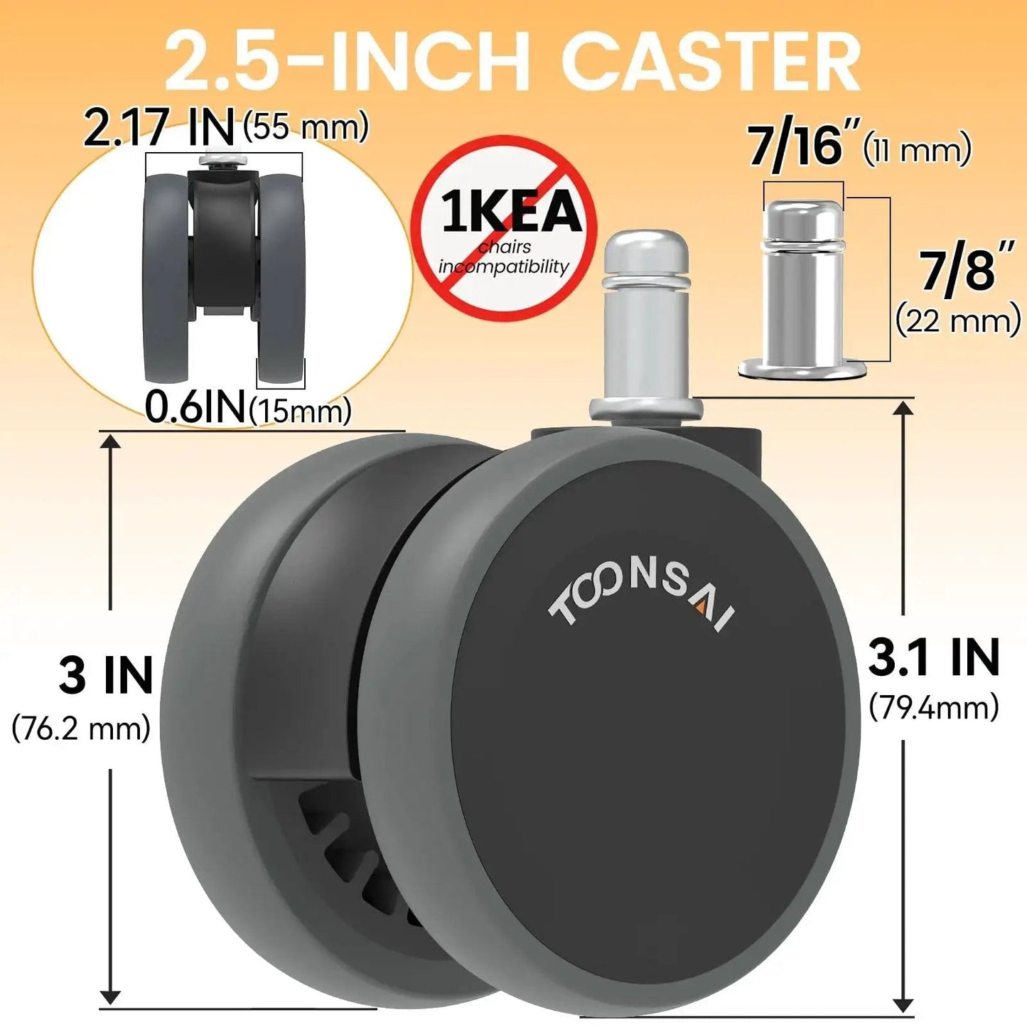 Office Chair Wheels Replacement Casters For Carpet And Hard Floors, 3 Inch Stem Set Of 5, Universal Fit, dimensions labeled