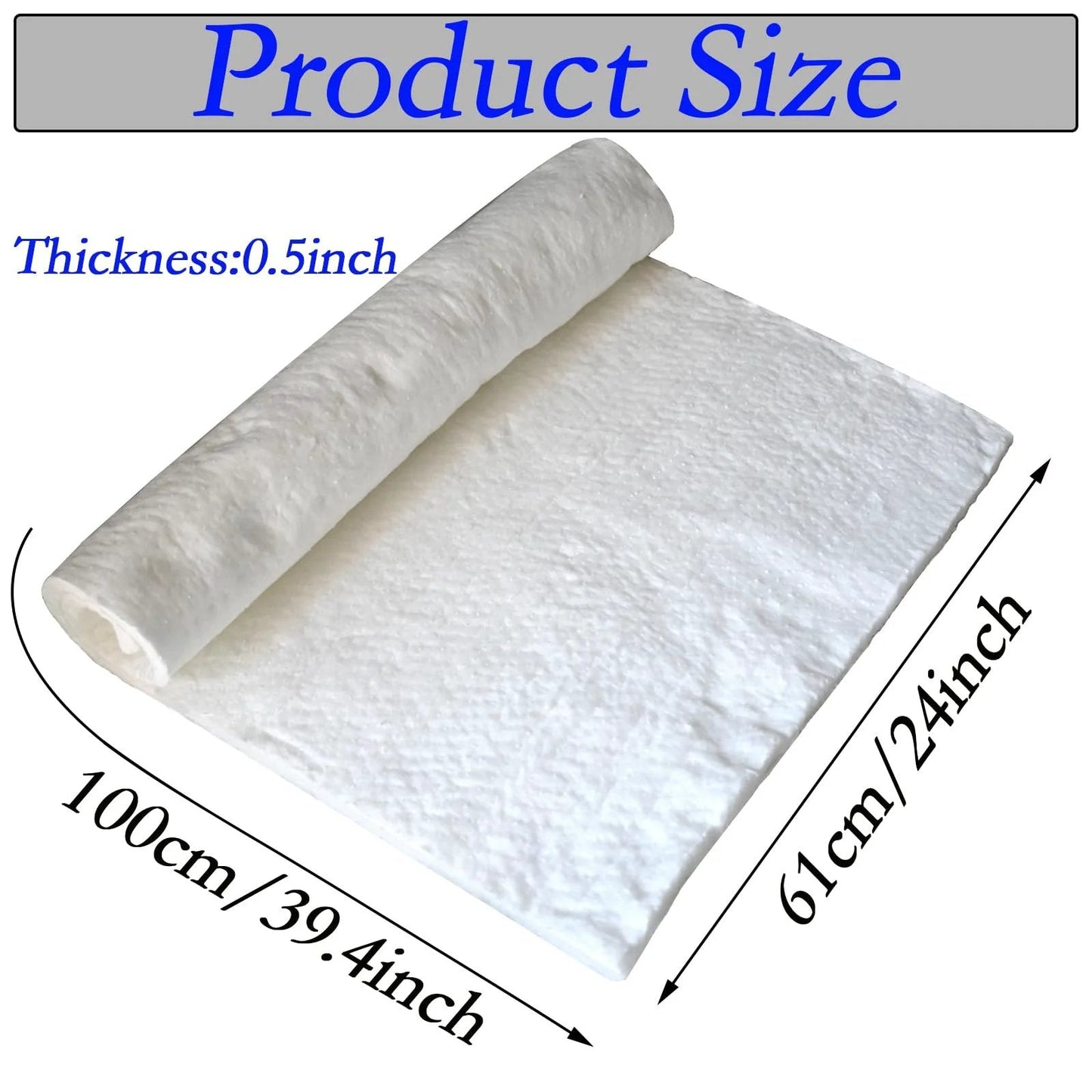 Ceramic Fiber Blanket For High Temp Fireproof Insulation Up To 2400F, 39.4 by 24 by 0.5 inches, rolled out, showing texture and thickness.