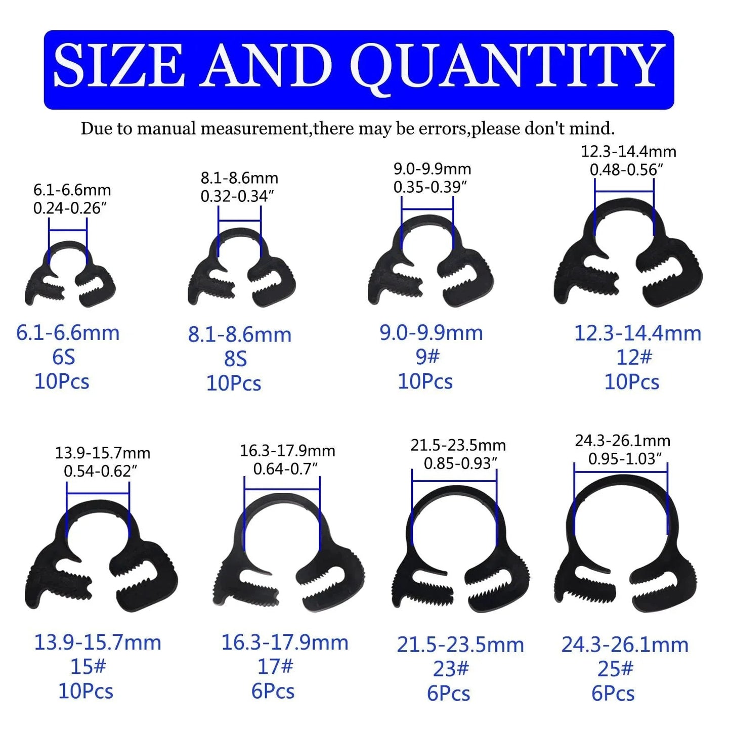 Heavy Duty Ratcheting Hose Clamp Set 6.1 To 26.1 Mm Adjustable Nylon Plastic Double Snap Grip 8 Size Kit With 68 Pieces Black Corrosion Resistant Construction For Automotive Marine And Home DIY Applications shown in size chart.