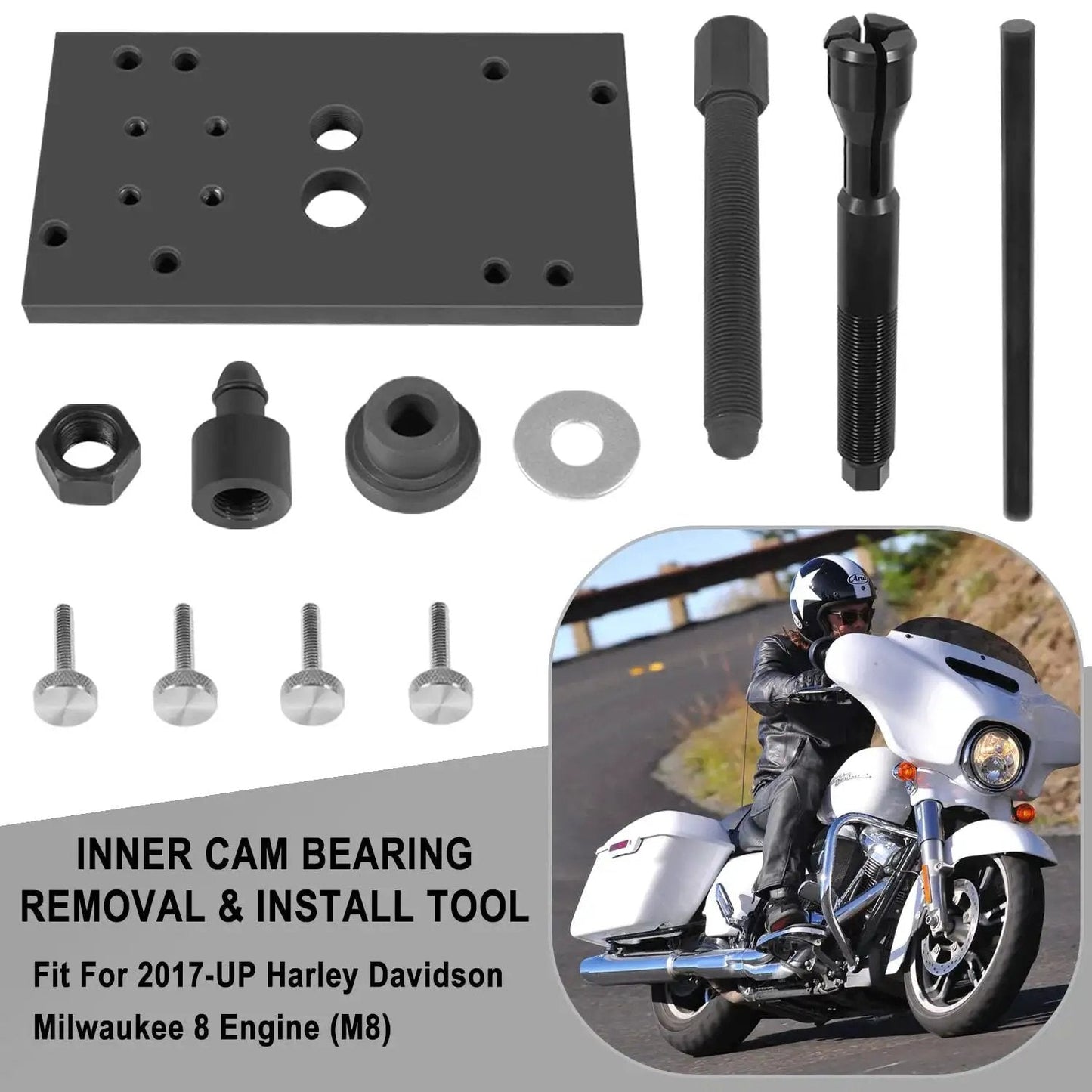M8 Cam Inner Camshaft Needle Bearing Installer Tool Kit and Remover for 2017 and Up Milwaukee Eight Engine showing components and motorcycle