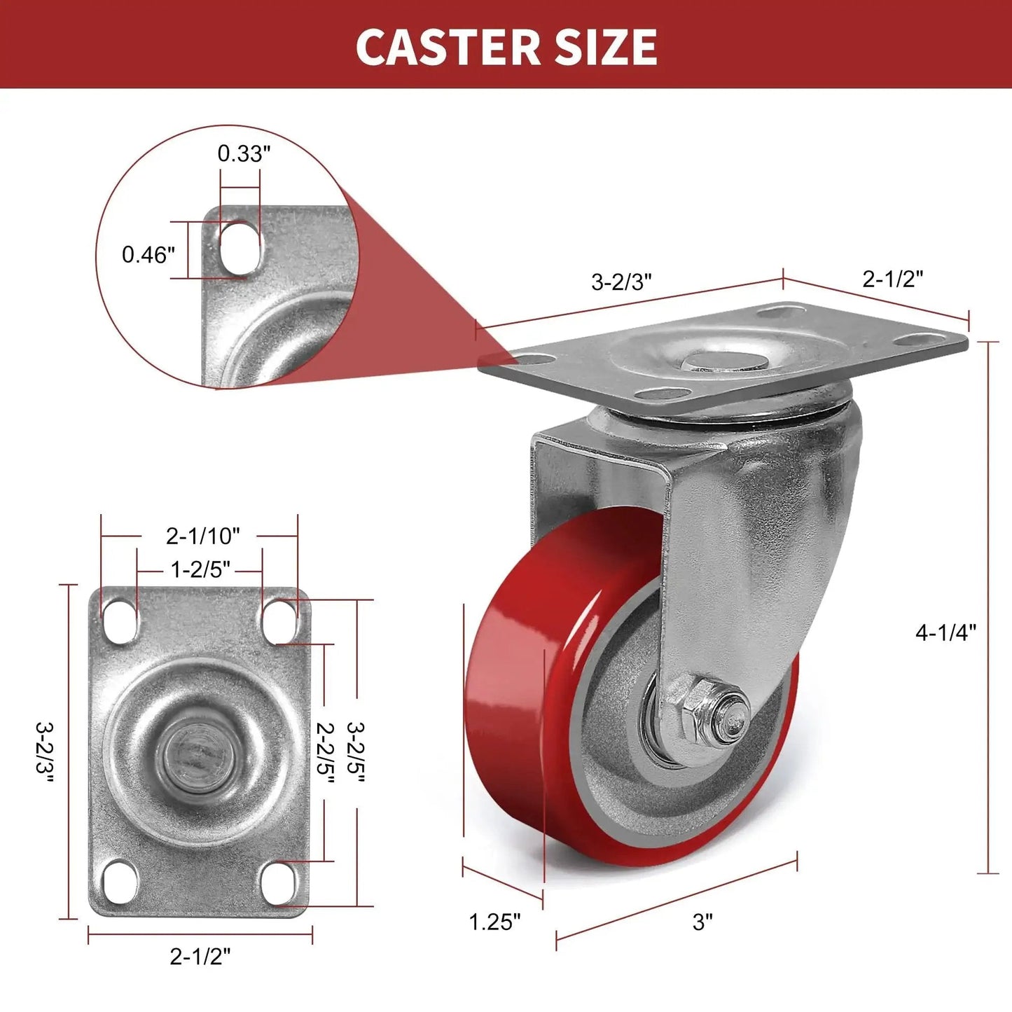 Heavy Duty 3 Inch Swivel Caster Wheels With Brake For Furniture Workbench And Cart, dimensions and mounting plate details