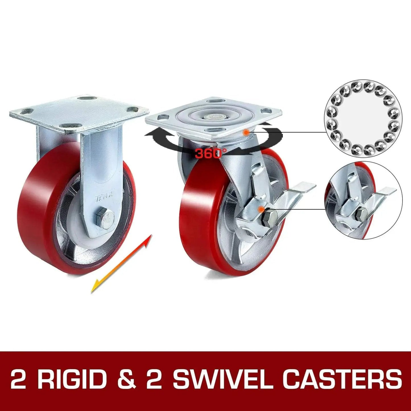 6 Inch Heavy Duty Caster Wheels Set Of 4 With 2 Rigid And 2 Swivel Casters And Side Brake Durable Polyurethane Wheels On Iron Core Plate