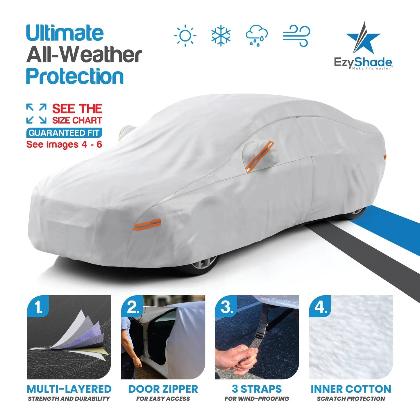 All Weather 10 Layer Car Cover For SUVs And Sedans Waterproof Exterior Outdoor Protection With Size A4 See Size Chart Durable Dustproof UV Shield Ready To Roll installed on a car, showcasing waterproof protection features.