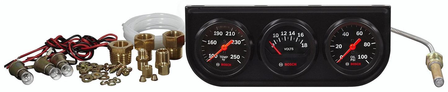 Style Line 2 Inch Triple Gauge Kit With Black Dial Face And Black Bezel By Bosch Includes Oil Water Temperature Gauge, Electrical Voltmeter
