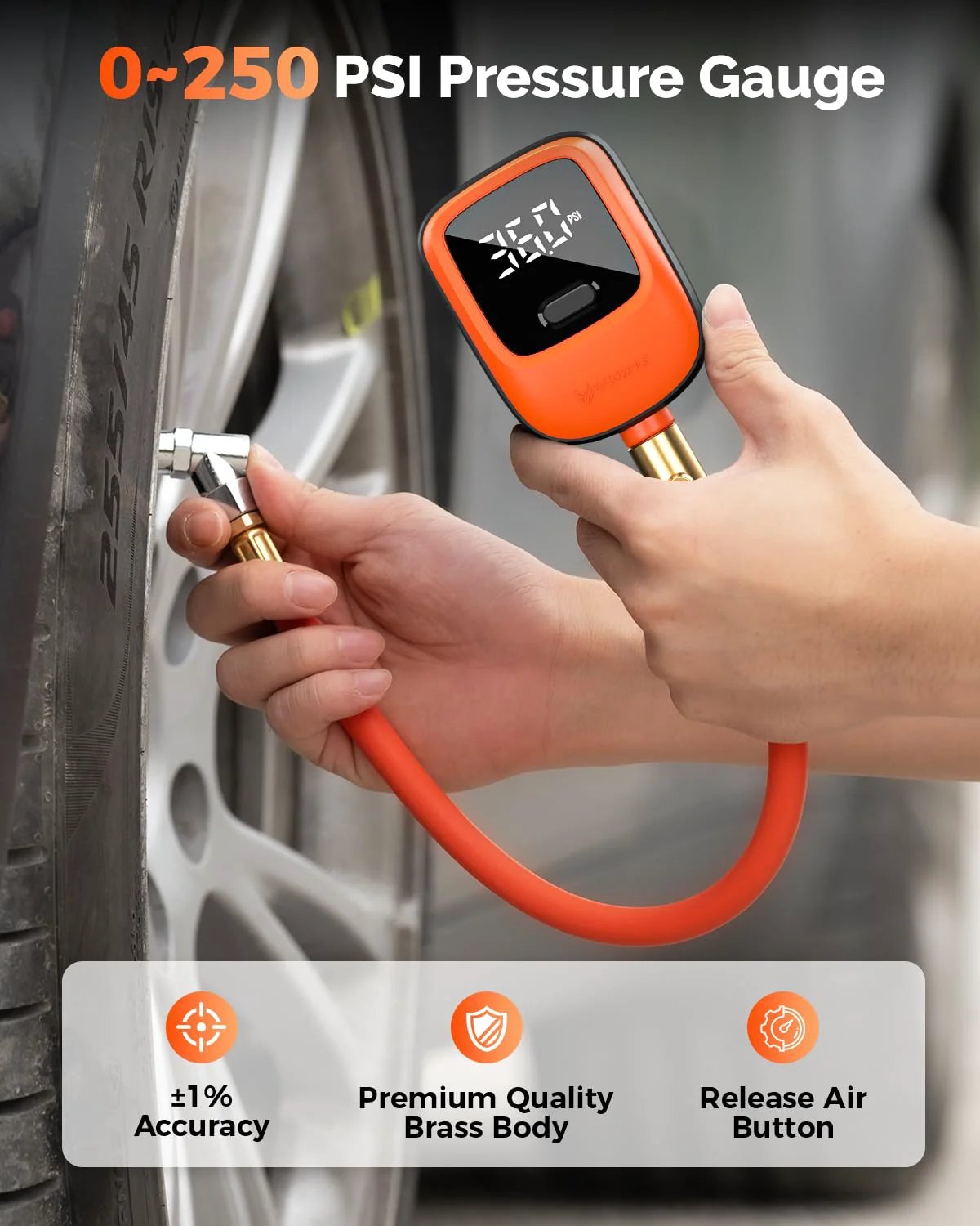 Digital Tire Pressure Gauge With Rubber Hose And Replaceable AA Batteries Delivers 0 To 250 PSI Readings ANSI B40 7 2A High Precision Plus Minus 1 Percent Pro Grade Accuracy For Cars Trucks SUVs And Bicycles in use on a car tire