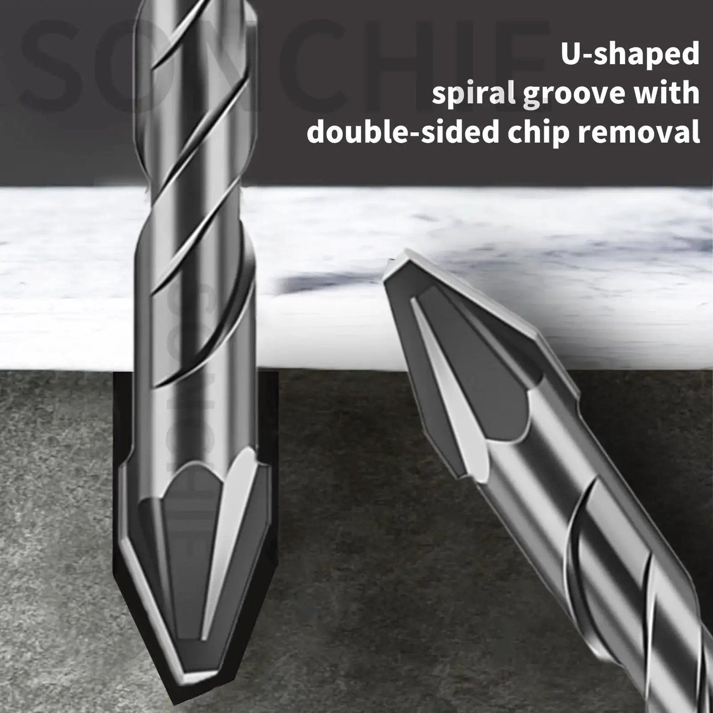 Close-up of High-Strength Eccentric Twist Drill Bit Set, 8 Pack for Concrete Glass Tile Brick Stone Wood Plastic showing burr-free tips