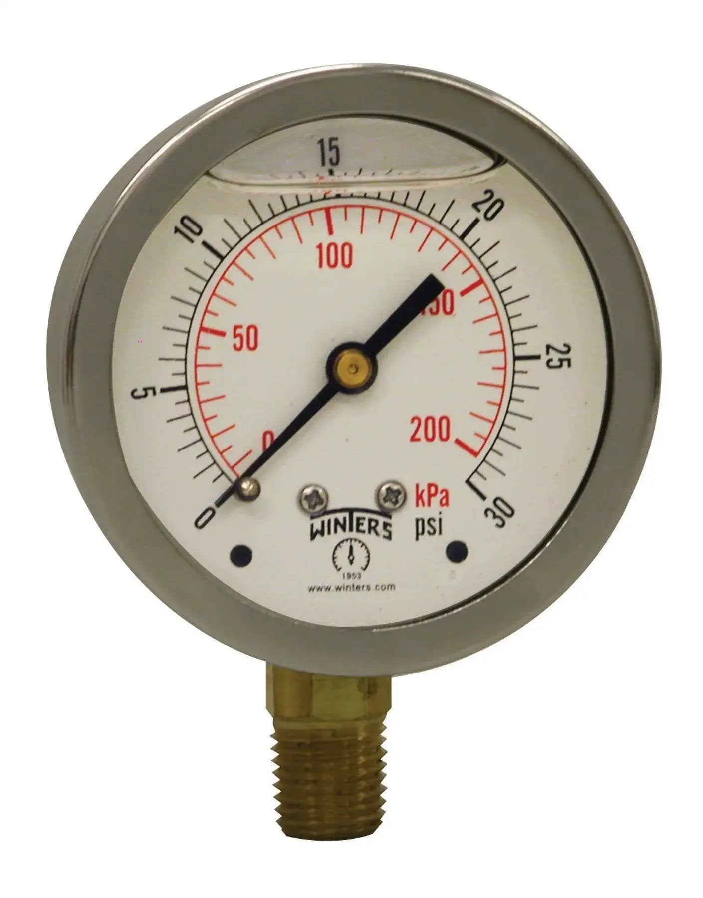 Front view of Dual Scale 0-30 Psi Stainless Steel Liquid Filled Pressure Gauge Built Tough With Brass Internals, showing 2-1/2 Inch Dial.