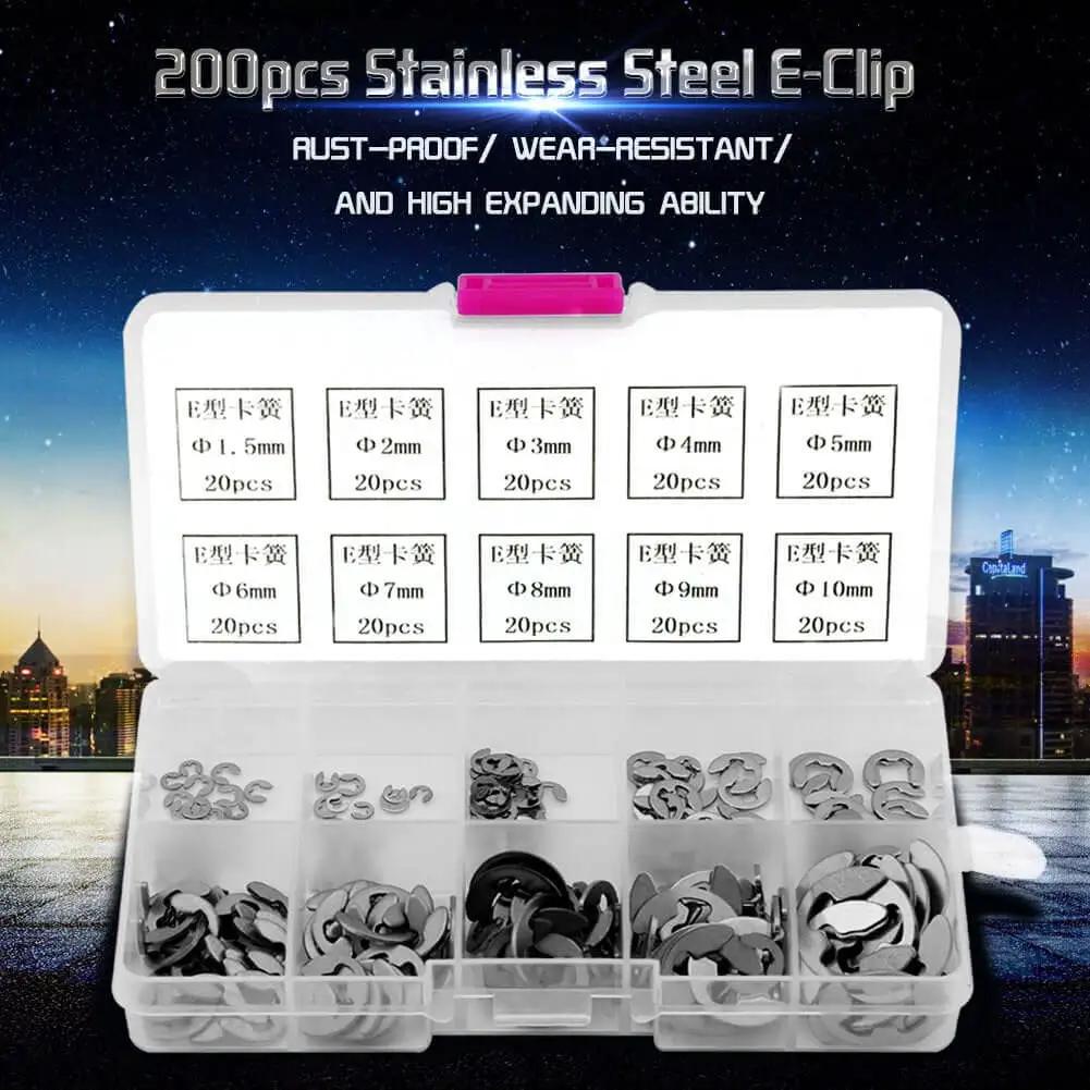 Heavy Duty E Clip Retaining Clip Kit For Gears Pulleys Axles And Engines, 200-piece 304 stainless steel circlips in case