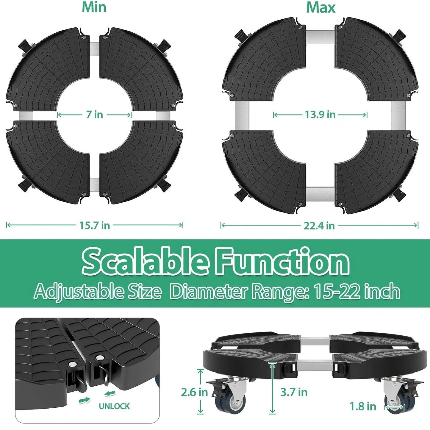 Diagram showing Lockable Wheel Plant Caddy Heavy Duty 450 Pounds Capacity with adjustable 15-22 inch rolling base and lockable wheels