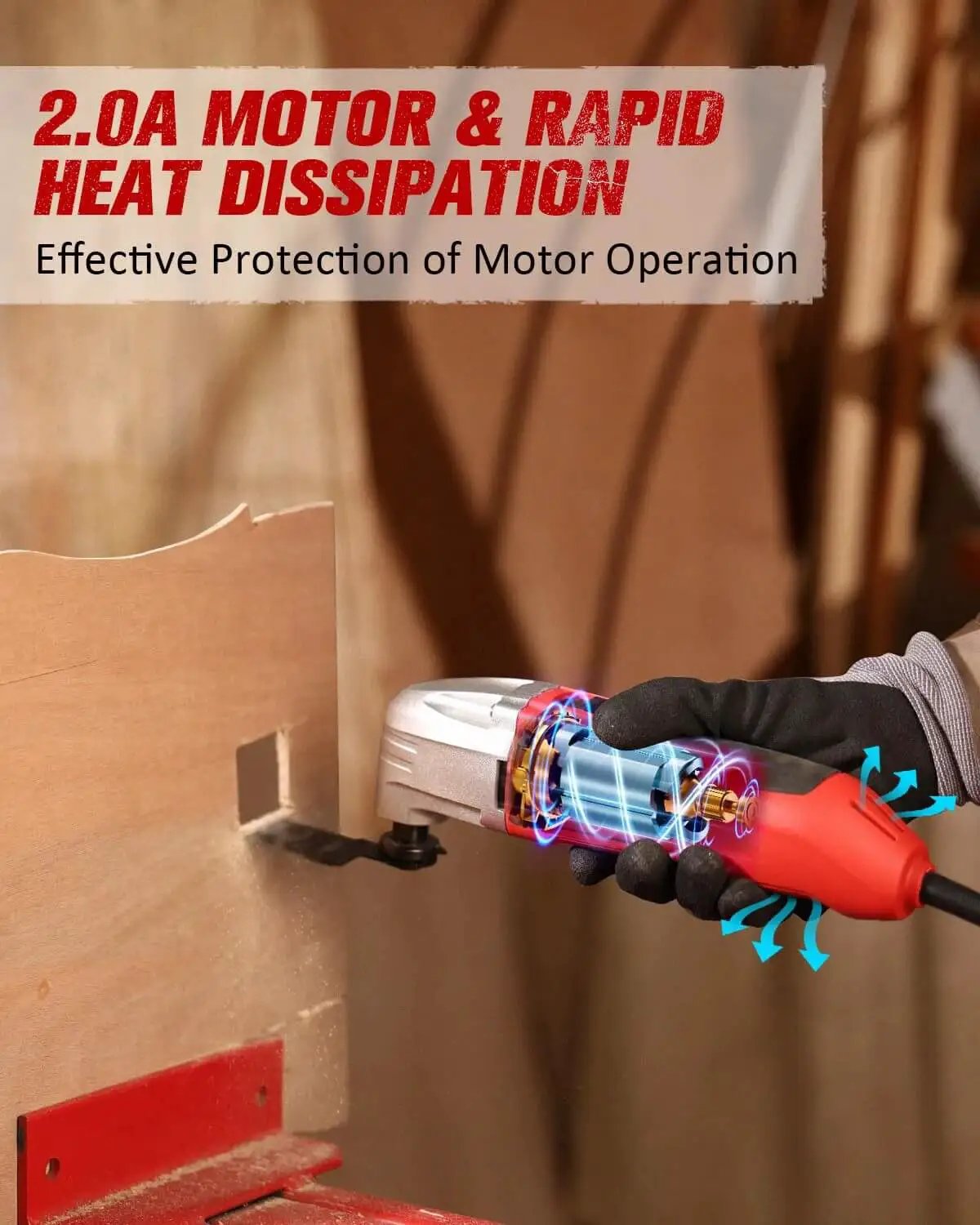 Person using Beast Oscillating Multi Tool With 22000 OPM And 3 Degree Oscillation, 2A Motor For Cutting, Sanding, Grinding And Scraping, Includes 11 Accessories And Universal Interface, Red on wooden board.