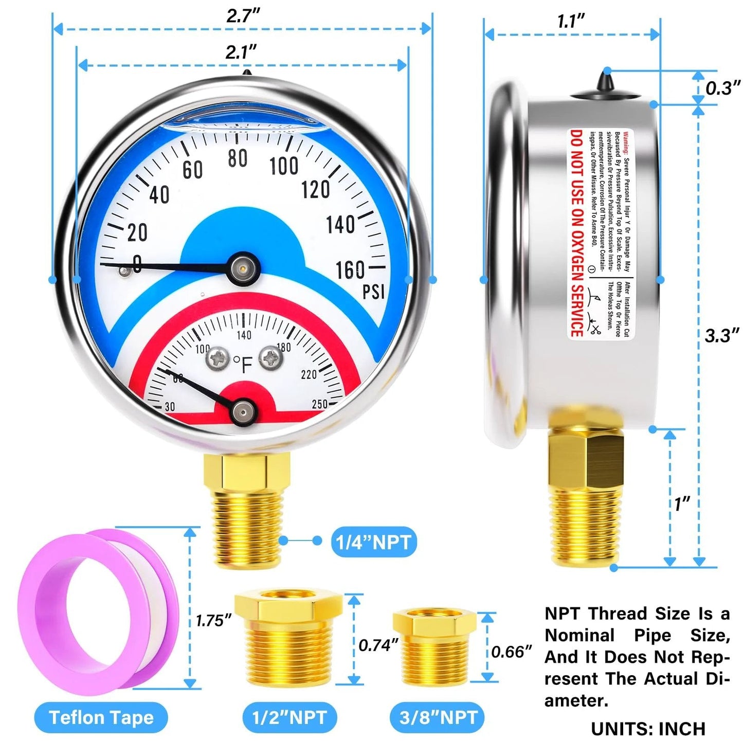 Front and side view of Pro Grade Stainless Steel Thermal Pressure Gauge 0 To 160 Psi With 2.5 Inch Dial Lower Mount One Quarter Inch NPT