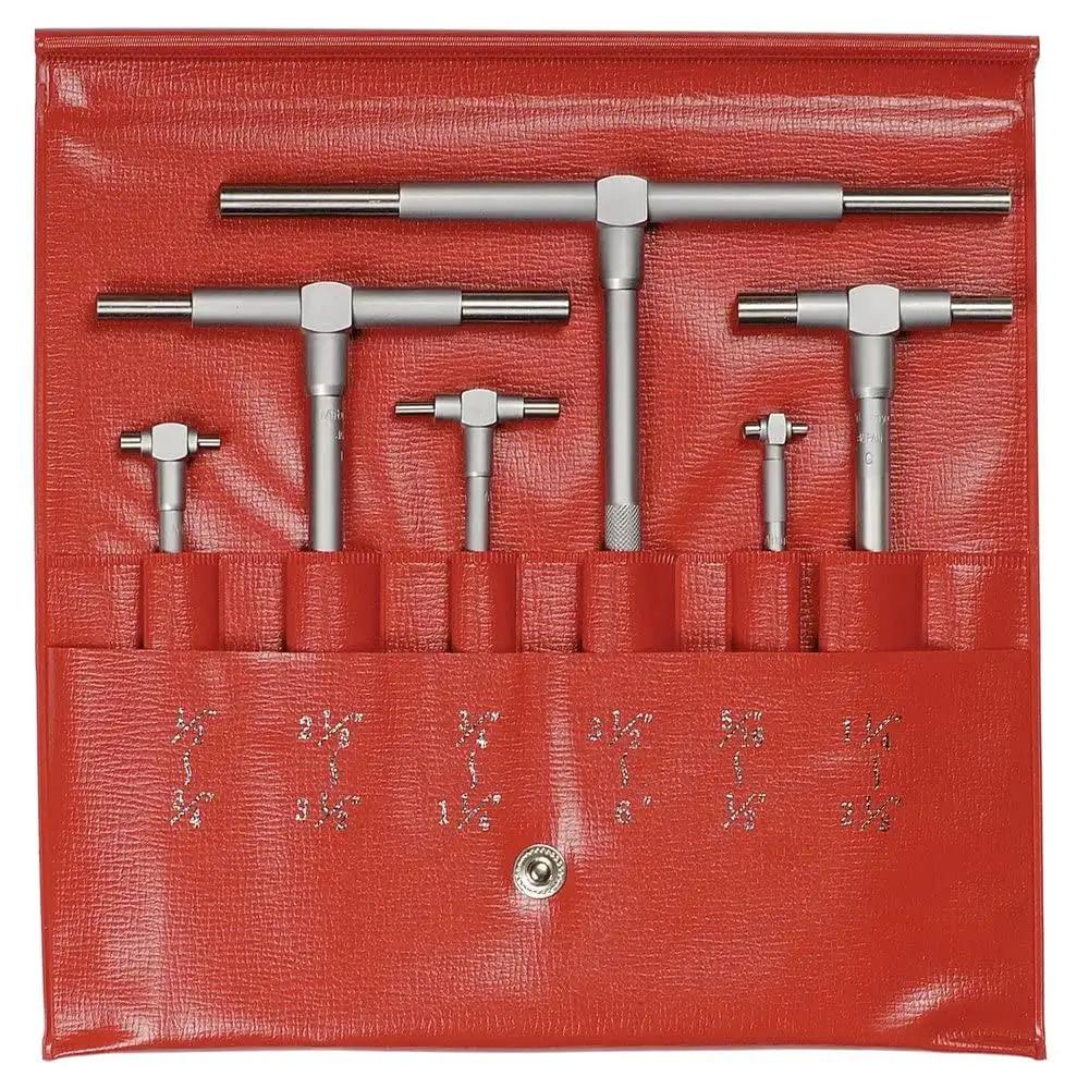 Telescoping Gage Set From Five Sixteenths To Six Inches, Six Piece Bore Measuring Tool With Hardened Measuring Faces, Satin Chrome Finish, Knurled Handle Clamp Rod, Supplied In A Fitted Plastic Pouch, Pro Grade Mitutoyo in red pouch