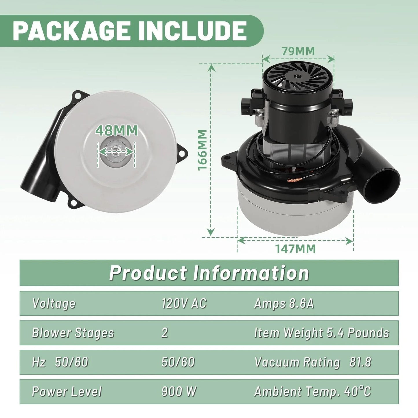 Powerful 120V 2 Stage 900W Vacuum Blower Motor Replacement For Ametek Lamb Vacuum Systems with specifications and dimensions.