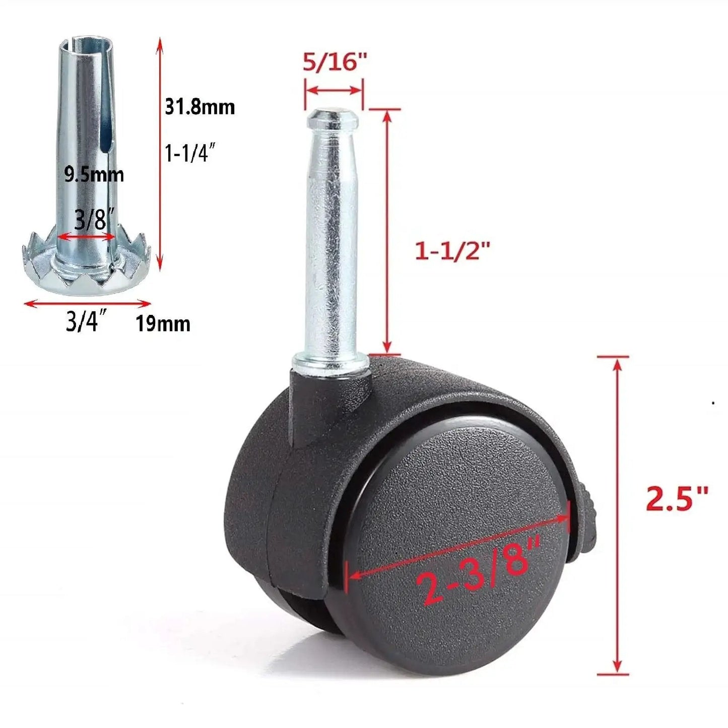 Close-up of 2 Pack Locking Swivel Caster Replacement Wheels For Weber Gas Grill Stem Casters 2.5 Inch Twin Wheel Rubber Caster Wheels With Friction Mount 5/16 X 1-1/2 Inch Pin Stem 55-Lb Load Capacity Per Caster Easy Install showing measurements.
