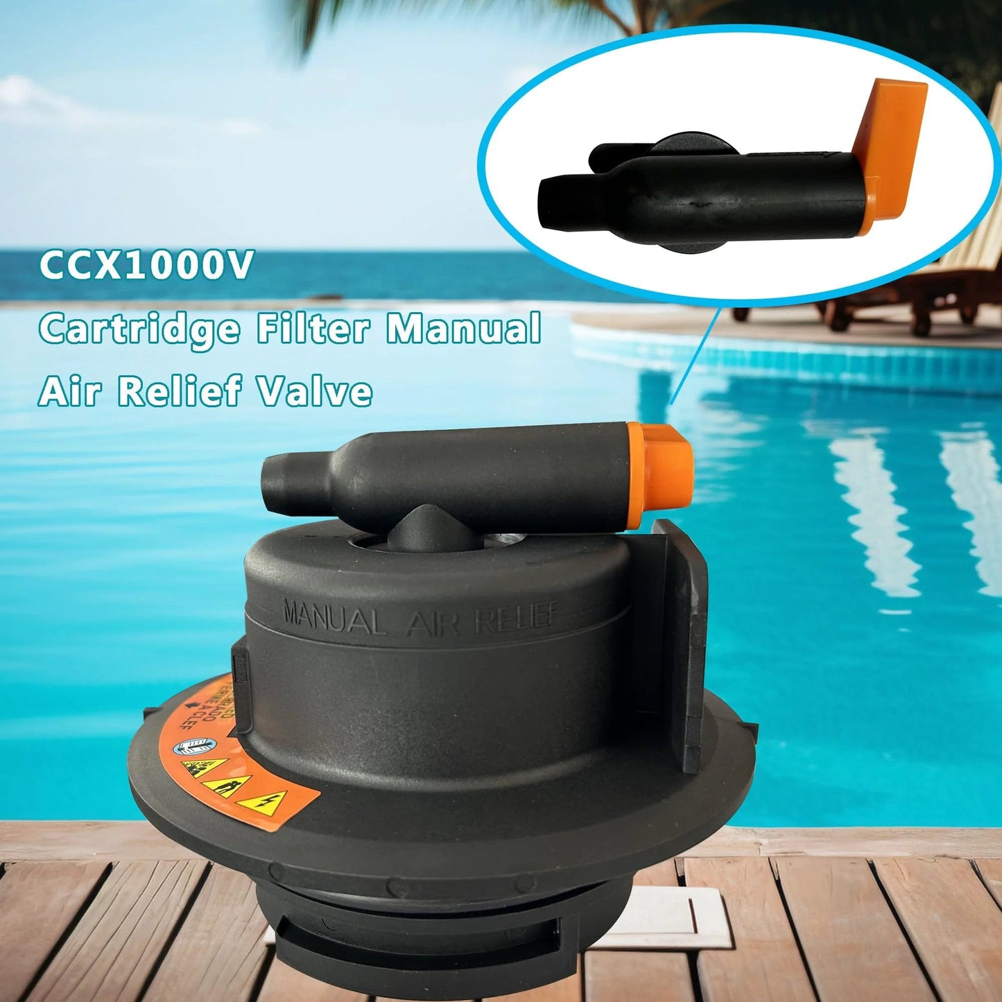 Front view of Air Relief Valve For Pool Cartridge Filters Replacement DEF CCX1000V with poolside background.