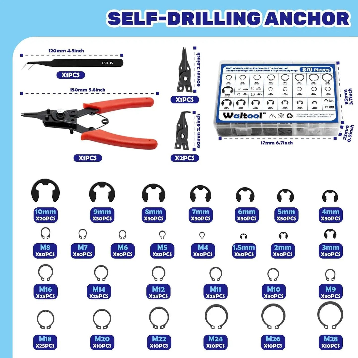 870 Pieces Alloy Steel External C Clip And E Clip Retaining Ring Kit Heavy Duty With 4 In 1 Snap Ring Pliers And Tweezers
