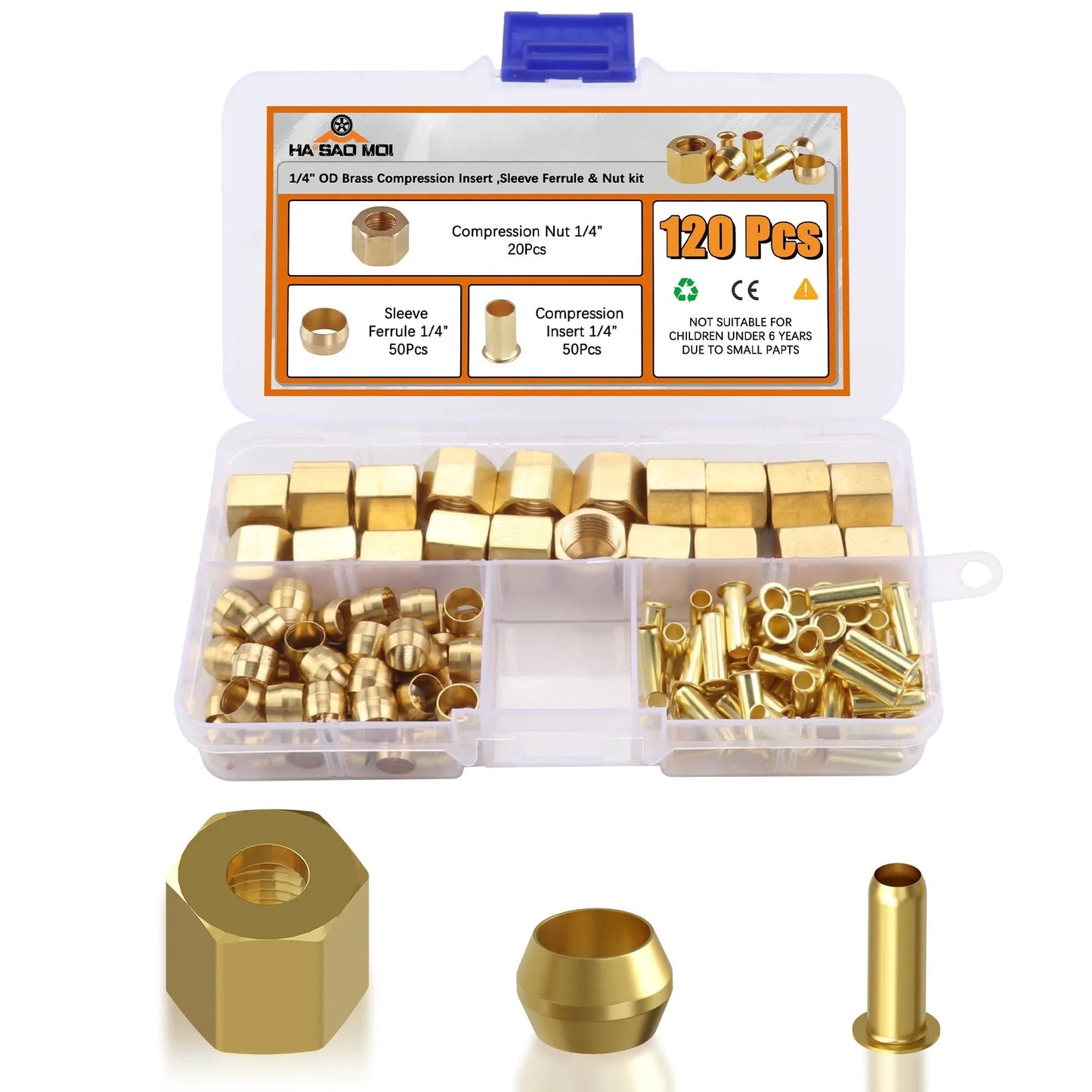 120 Piece 1/4 Inch Compression Fittings Assortment Kit With 50 Ferrule Sleeves 50 Inserts And 20 Nuts For Quick Connections In Air Water Fuel Oil And Inert Gases Durable High Quality Plumbing And DIY Gas Line Fittings