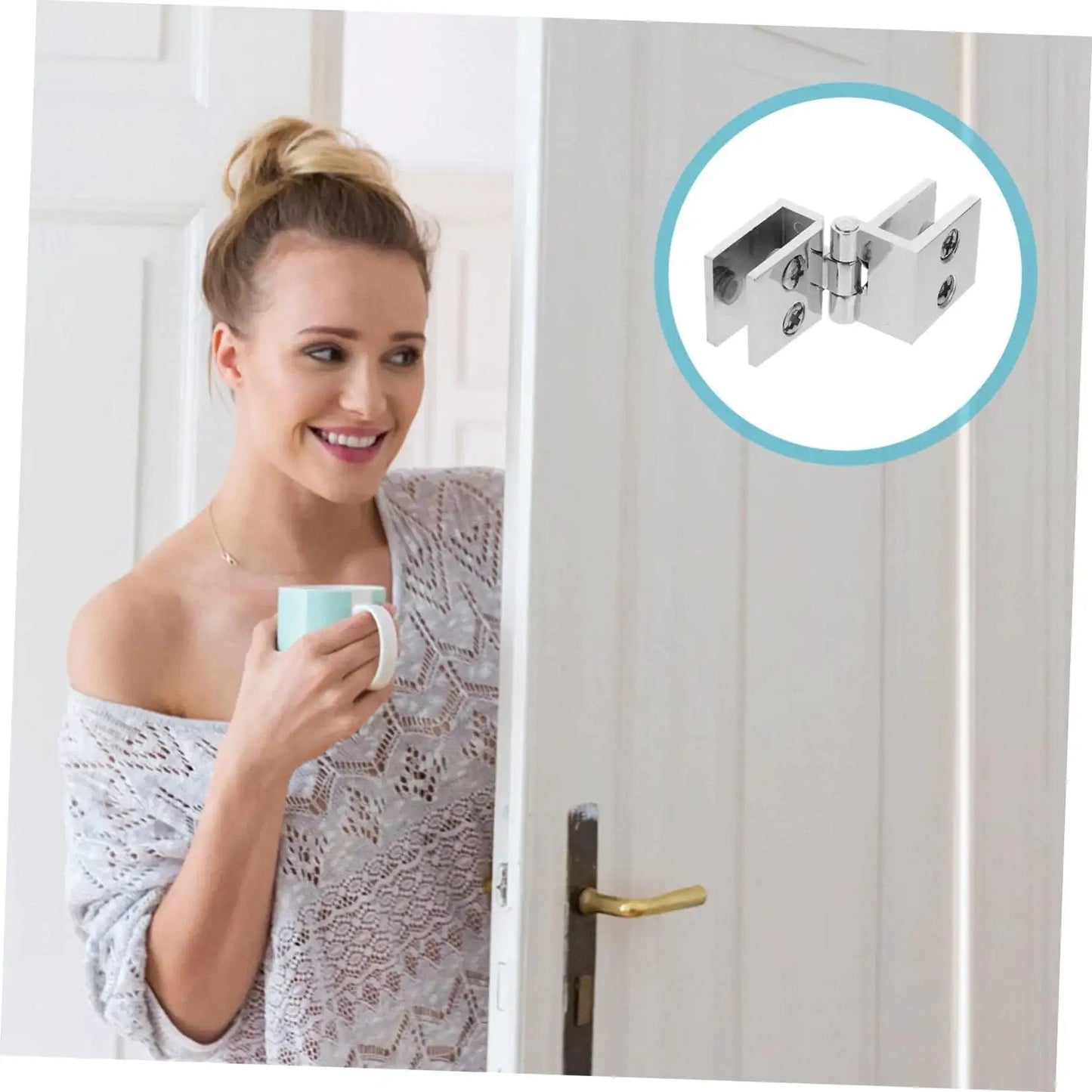 Woman near door with inset image of a set of four heavy duty glass door hinges for cabinets and bookcases, ideal for home use.